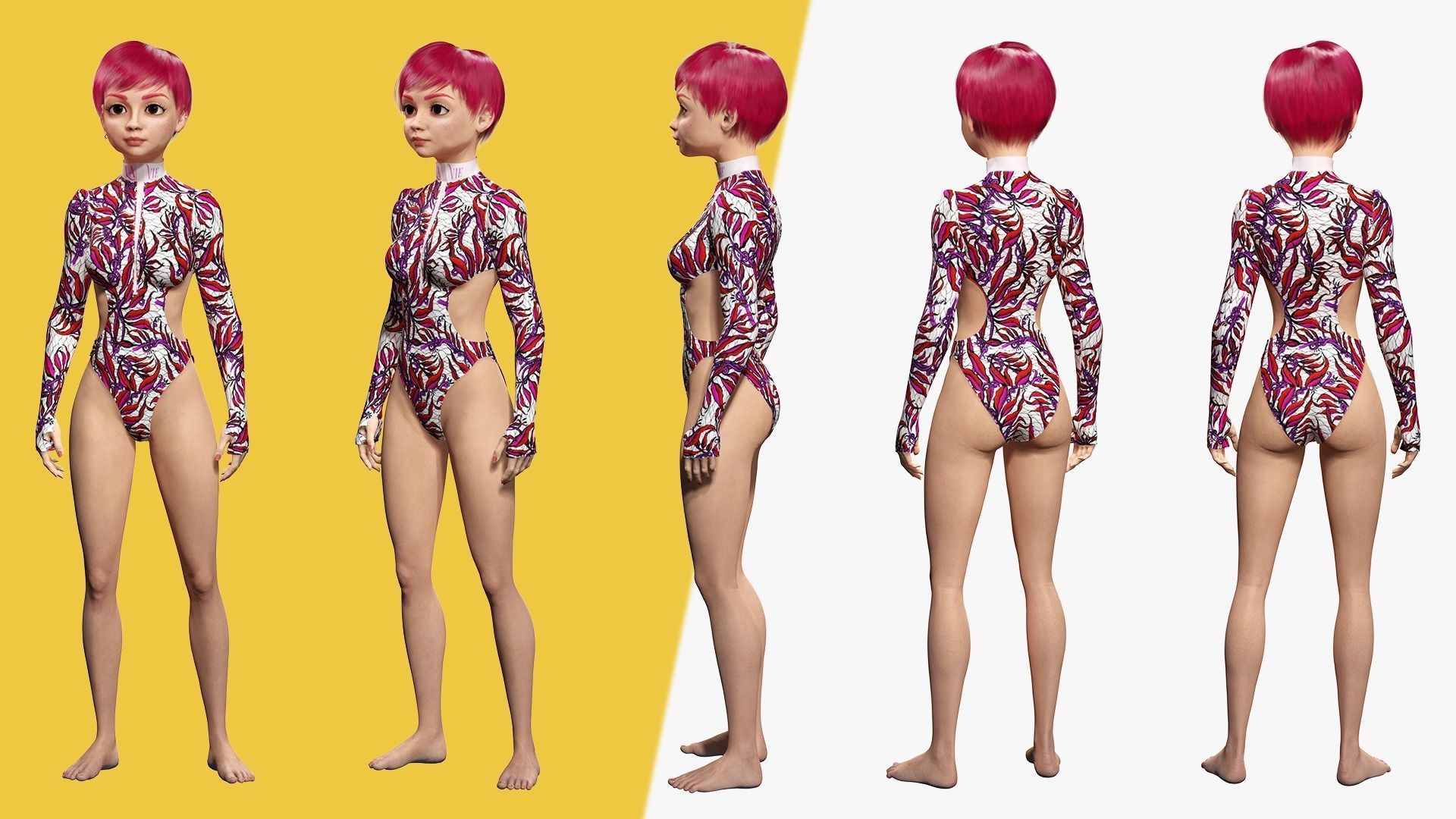 Red Realistic stylized cartoon Female Low-poly 3D model_5