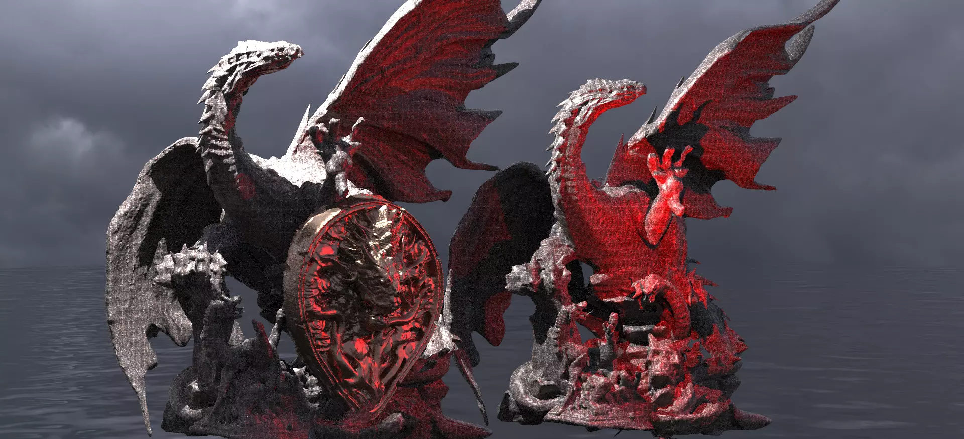 Dark Wyvern Arthurian Dragon Statue Crest 2 versions 3D model_0