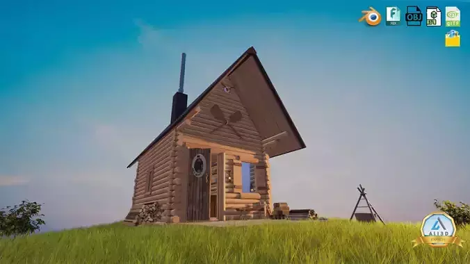 Detailed Log Cabin with Interior and Texture Lighting 3D model