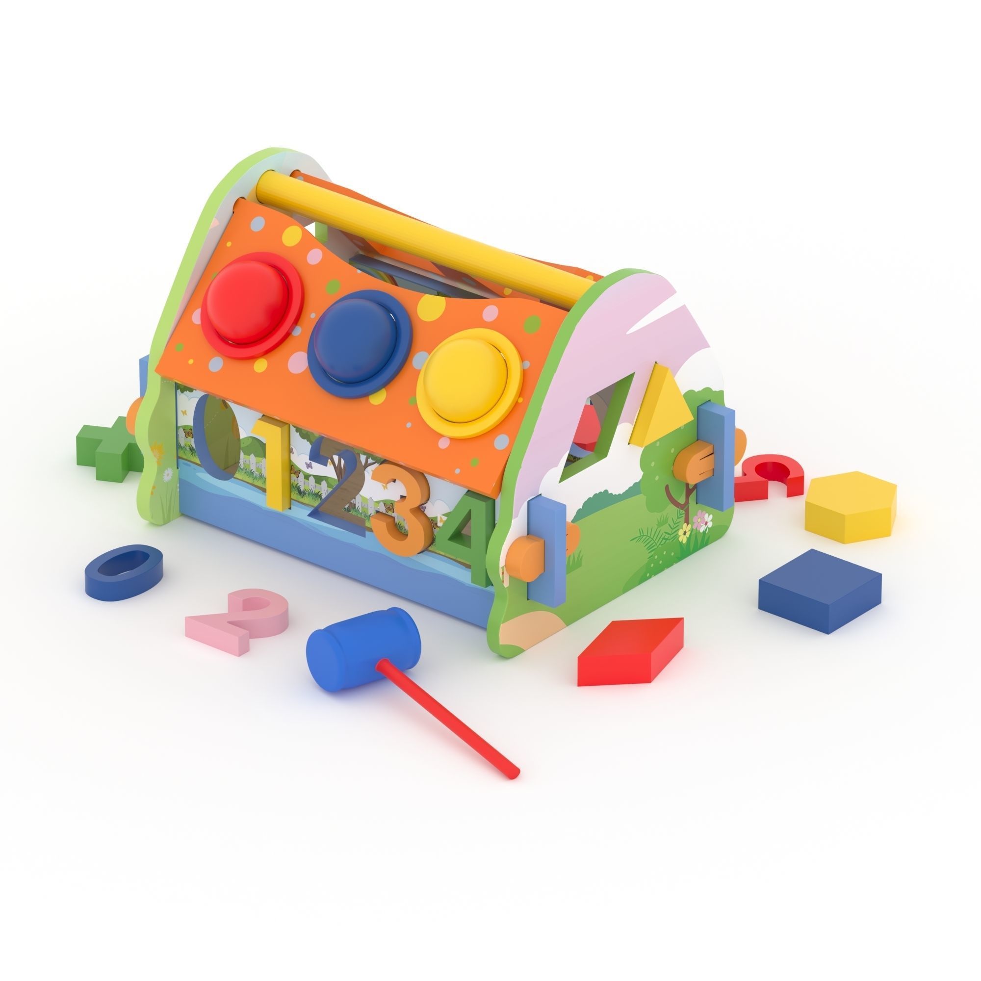 Educational wooden toy collapsible house sorter Low-poly 3D model_4
