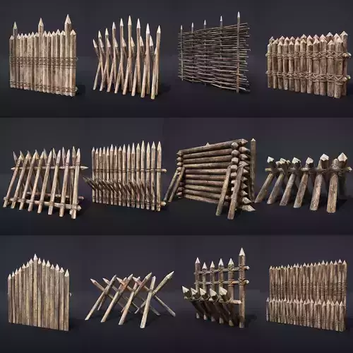 PALISADE BARRIER BARRICADE FENCE WALL VILLAGE FORT COLLECTION Low-poly 3D model