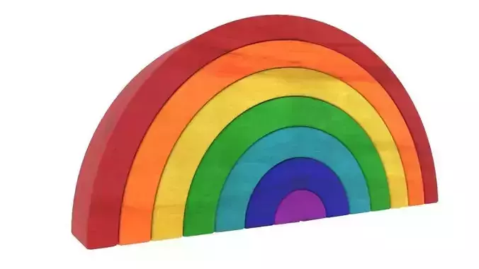 Rainbow stacker baby toy with bright stained wood texture