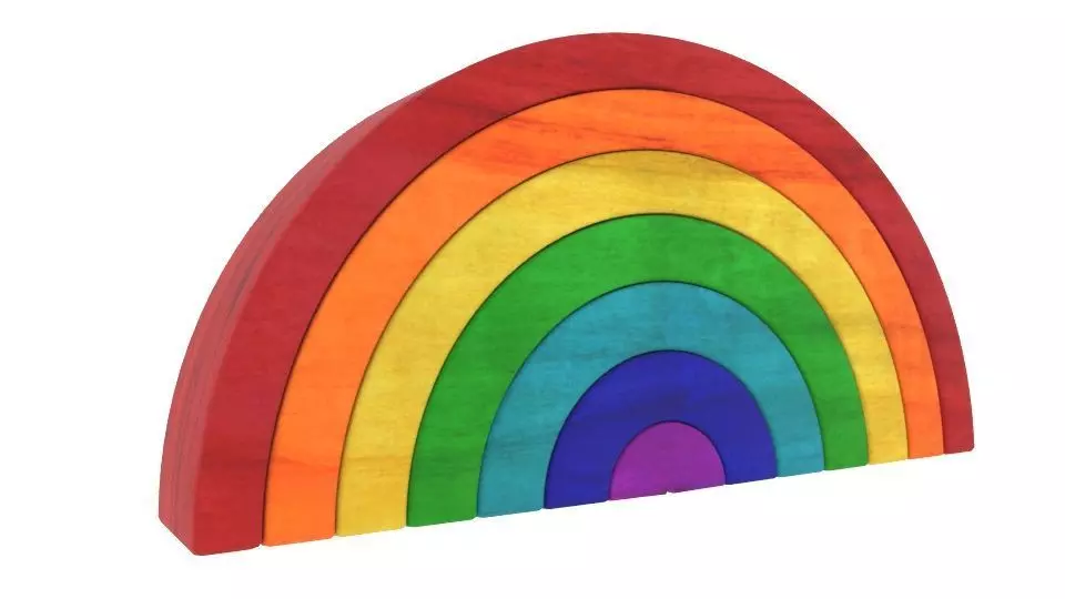 Rainbow stacker baby toy with bright stained wood texture 3D model_0