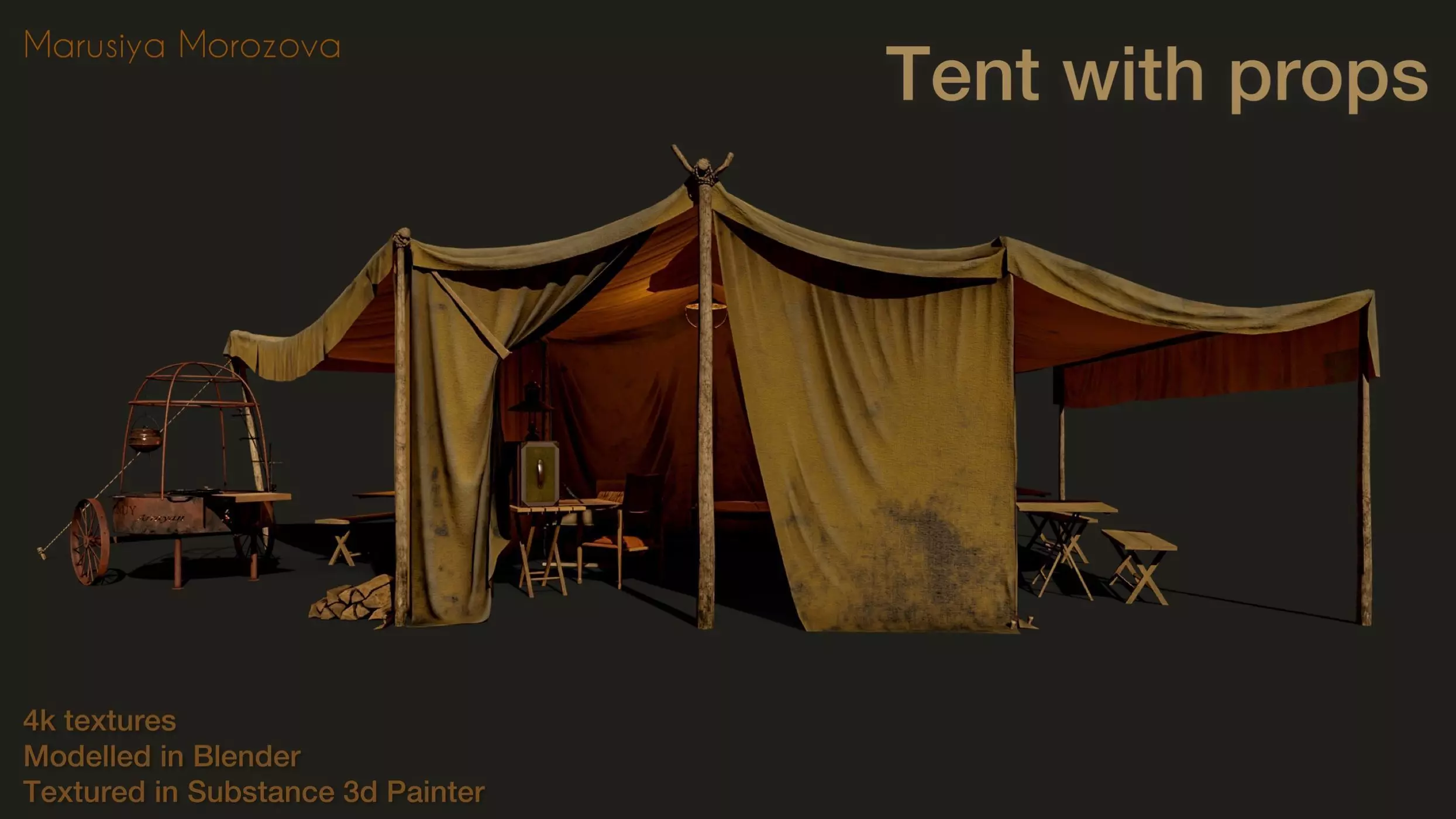 Camping tent with props Low-poly 3D model_0