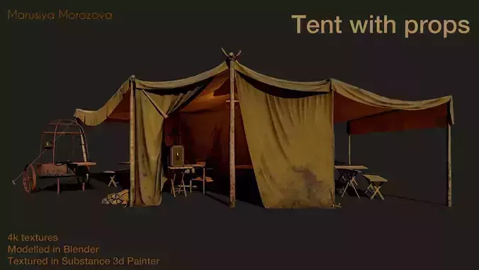 Camping tent with props Low-poly 3D model