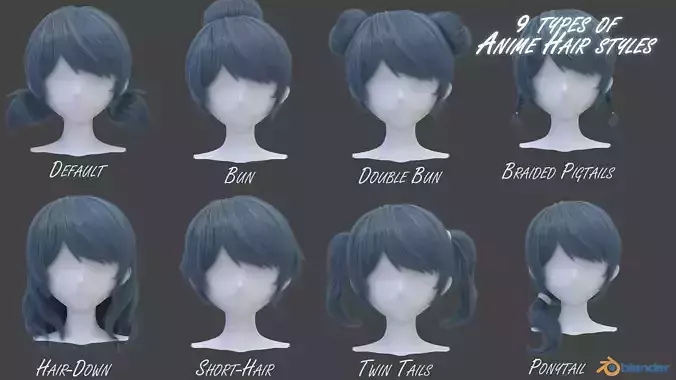 Anime Hairstyles Pack 9 types of hairstyles 3D model
