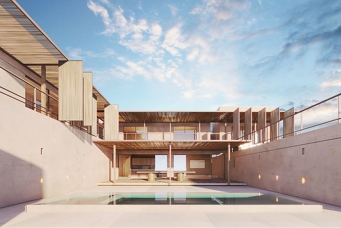 House concrete with pool 3D model 3