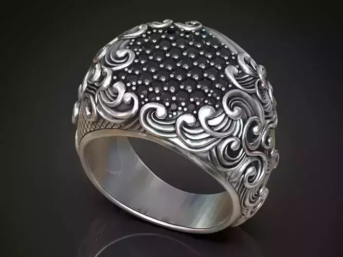 Signet ring wavy pattern pave gems setting 3D print model