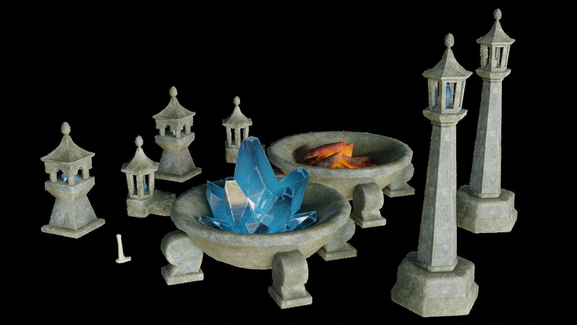Stone Lights Fire - Lights Pit Candles Crystal 13 Piece Set Low-poly 3D model_1