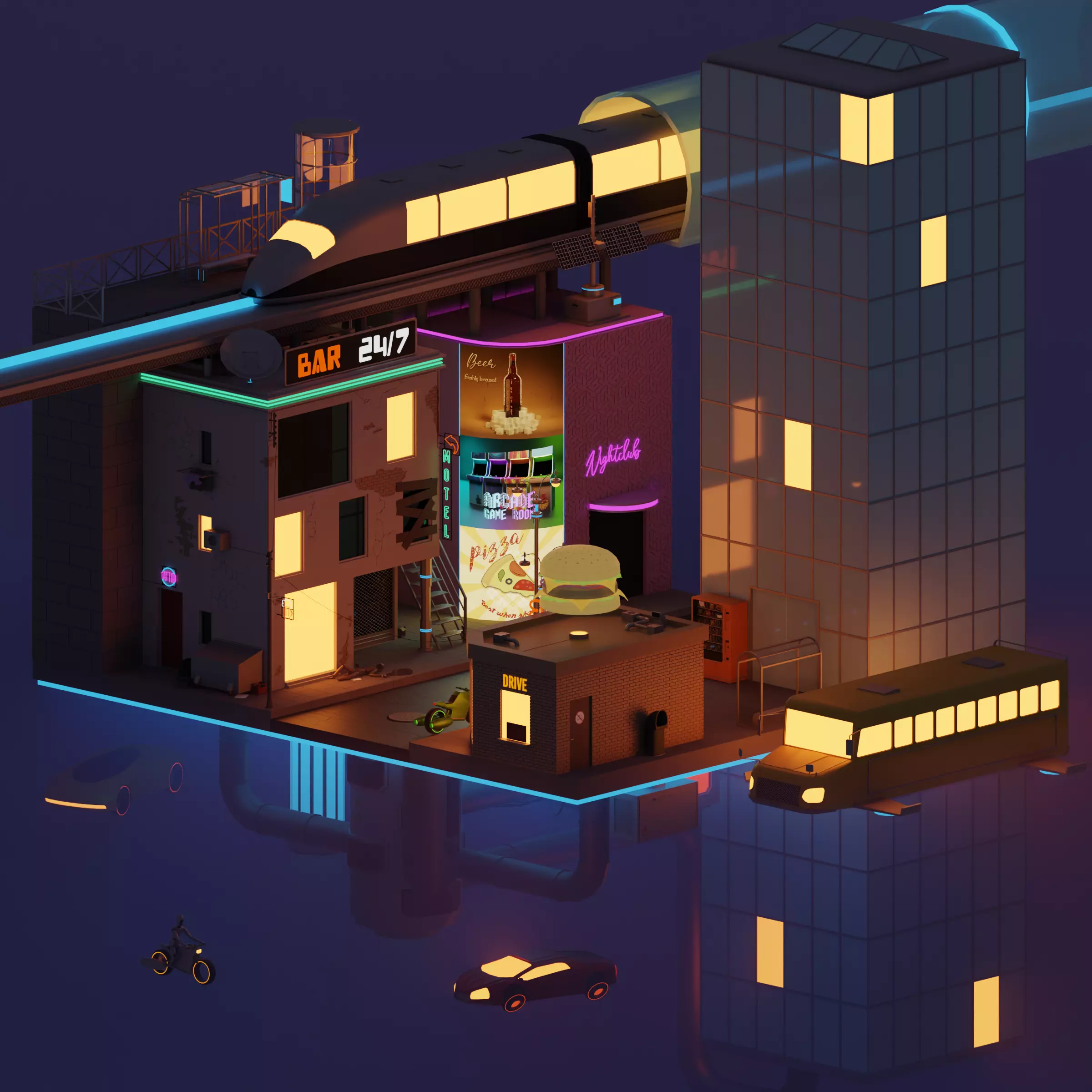 Cyberpunk city Low-poly 3D model_0