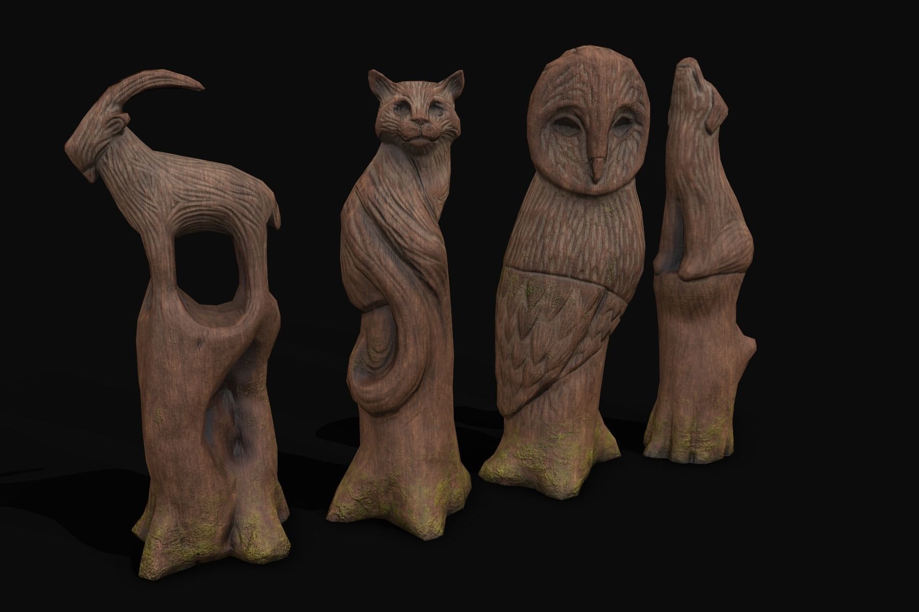 Wooden Animal Sculptures  Low-poly 3D model_2