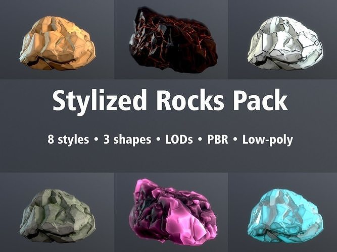 Stylized Rock Pack FREE - 8 styles 3 shapes LODs PBR Free low-poly 3D model