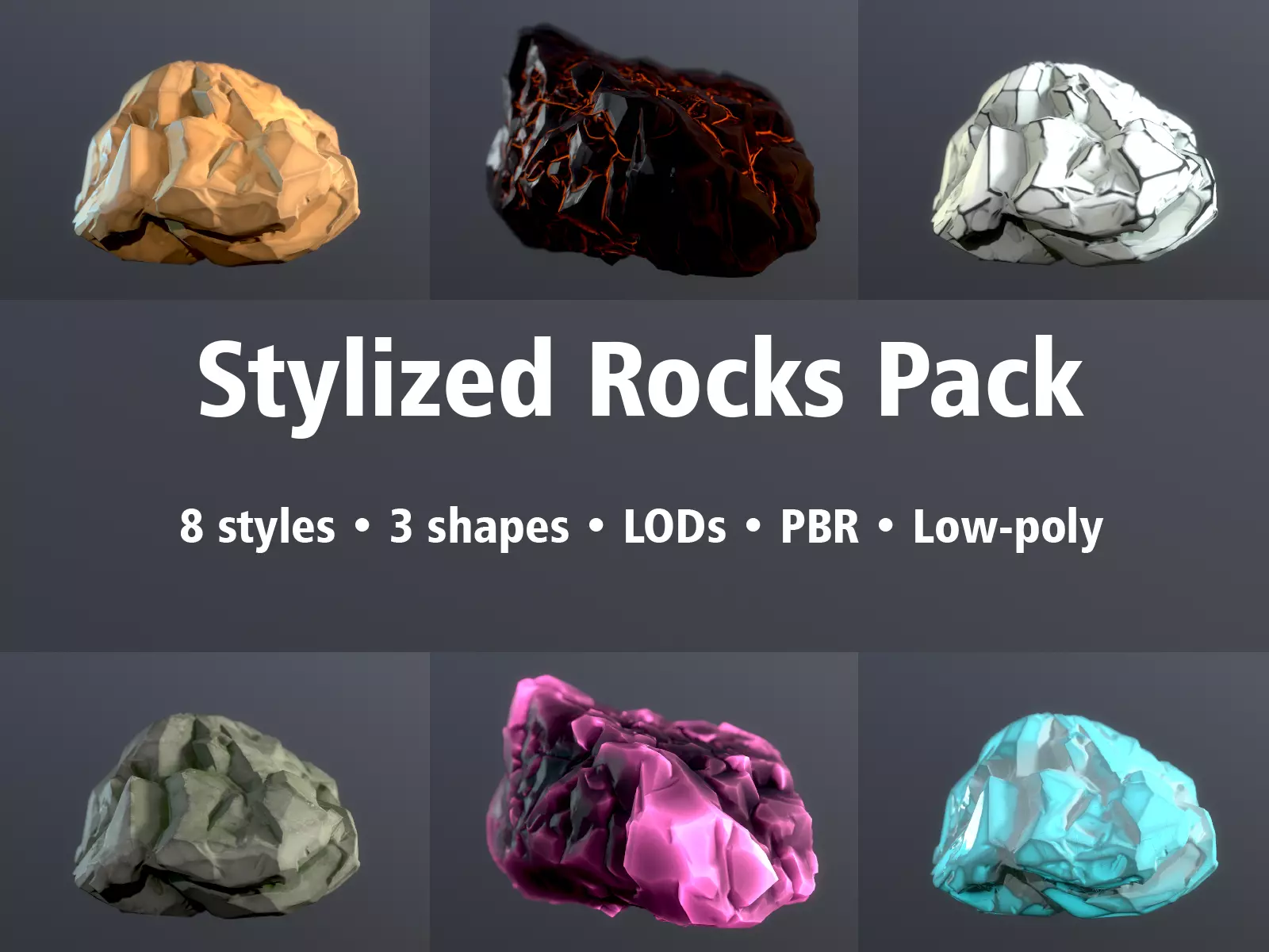 Stylized Rock Pack FREE - 8 styles 3 shapes LODs PBR Free low-poly 3D model_0