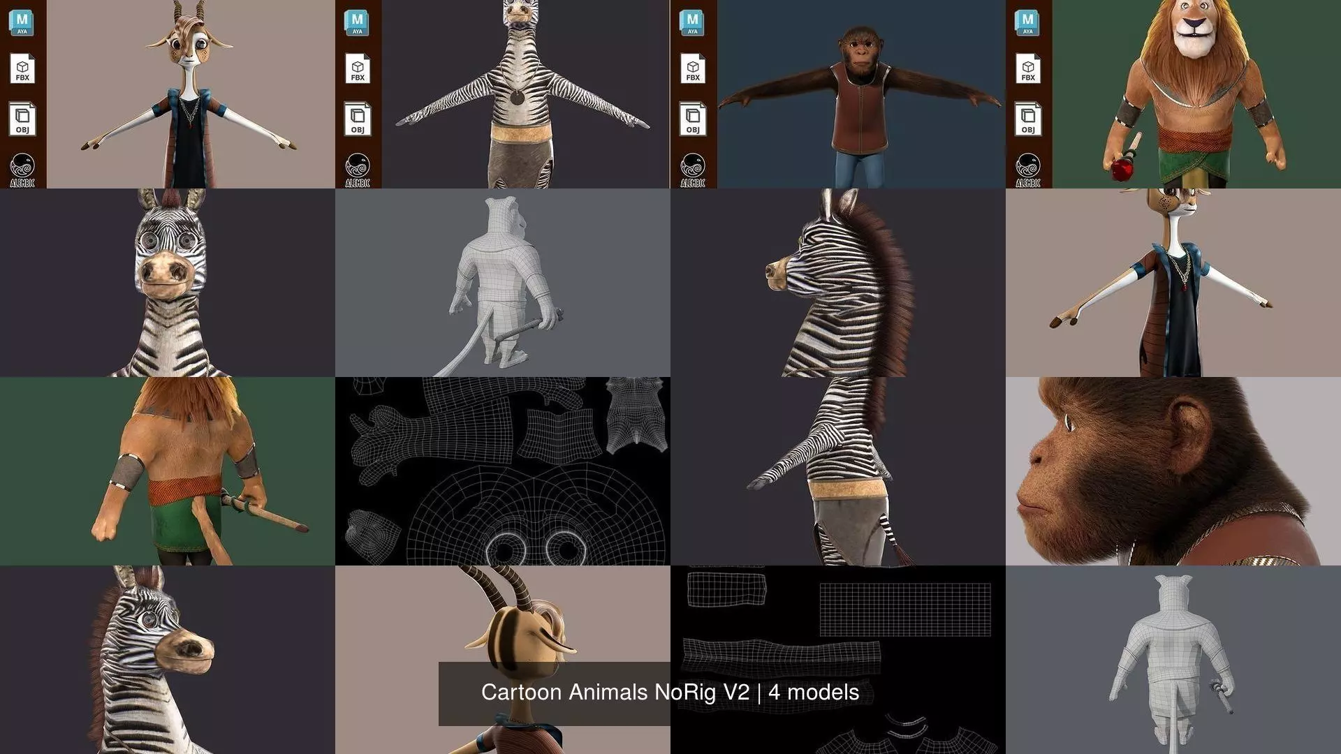Cartoon Animals NoRig V2 3D Model Collection_1