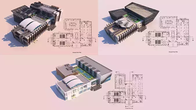  3 Projects - Art Center 2021 - 2Ds Plans - 3Ds Files 3D Model Collection