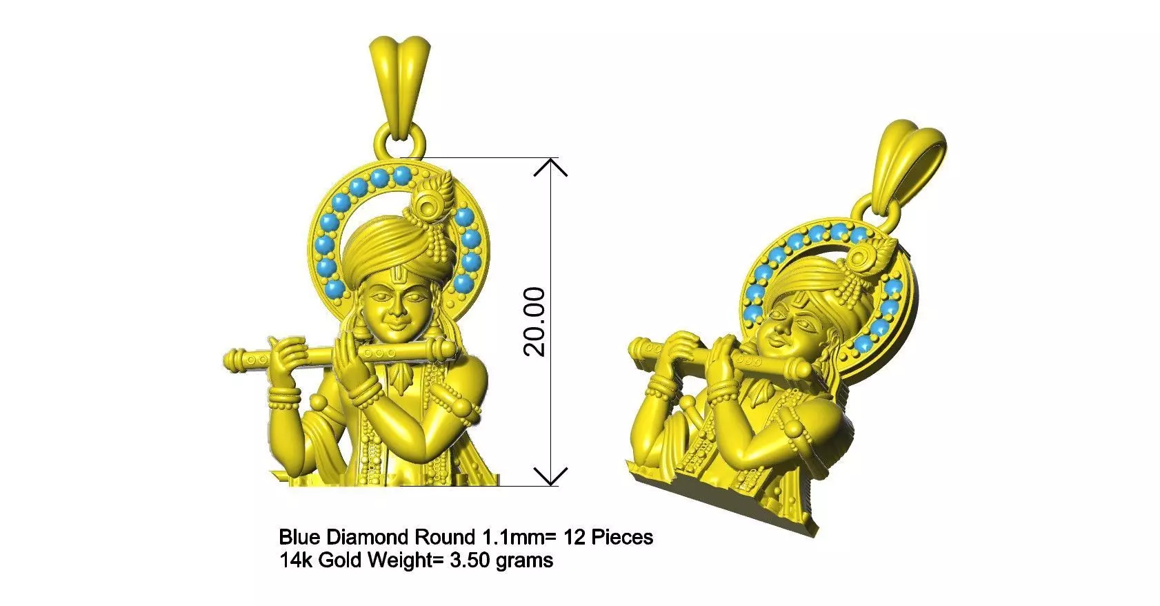 Lord Krishna Gold Diamond Pendant Design 3D print model
