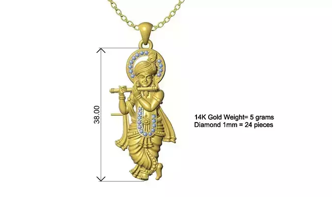 God Krishna Gold Diamond Pendant Design
