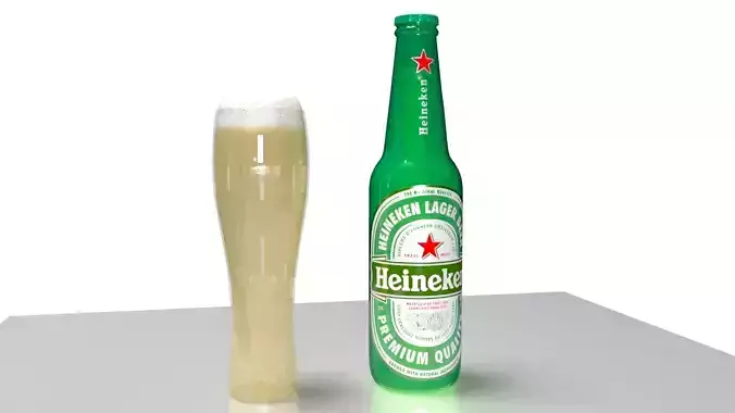 heineken beer bottle and glass Low-poly 3D model