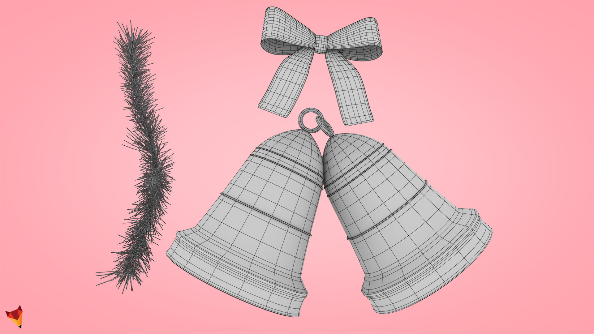 Golden Christmas Bells Low-poly 3D model_9