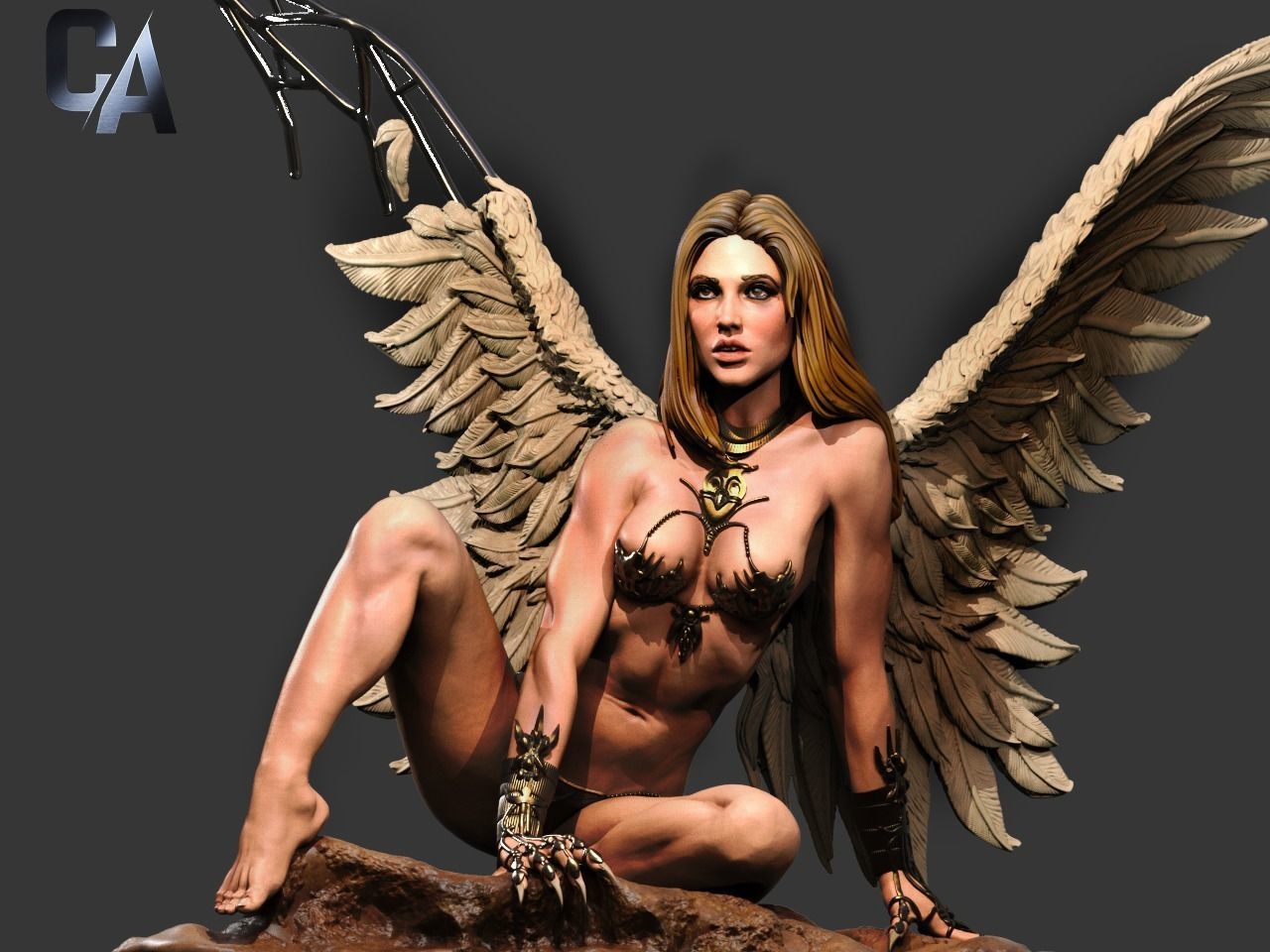 Fawal 3D Print statue of angel with wings 3D print model_3