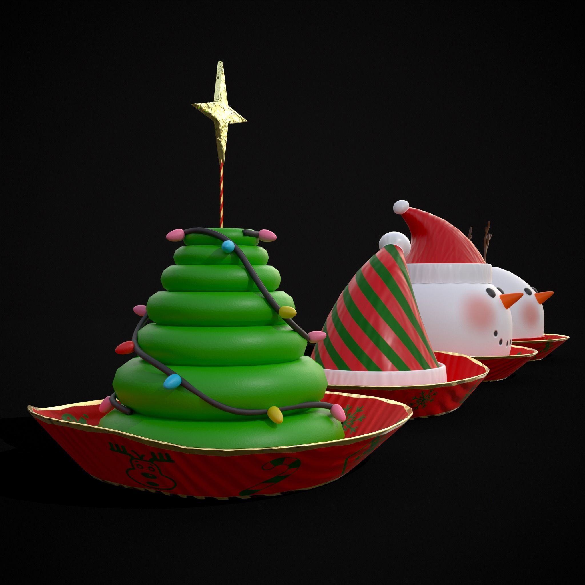 Four Mini Fondant Christmas Cakes Low-poly 3D model_3