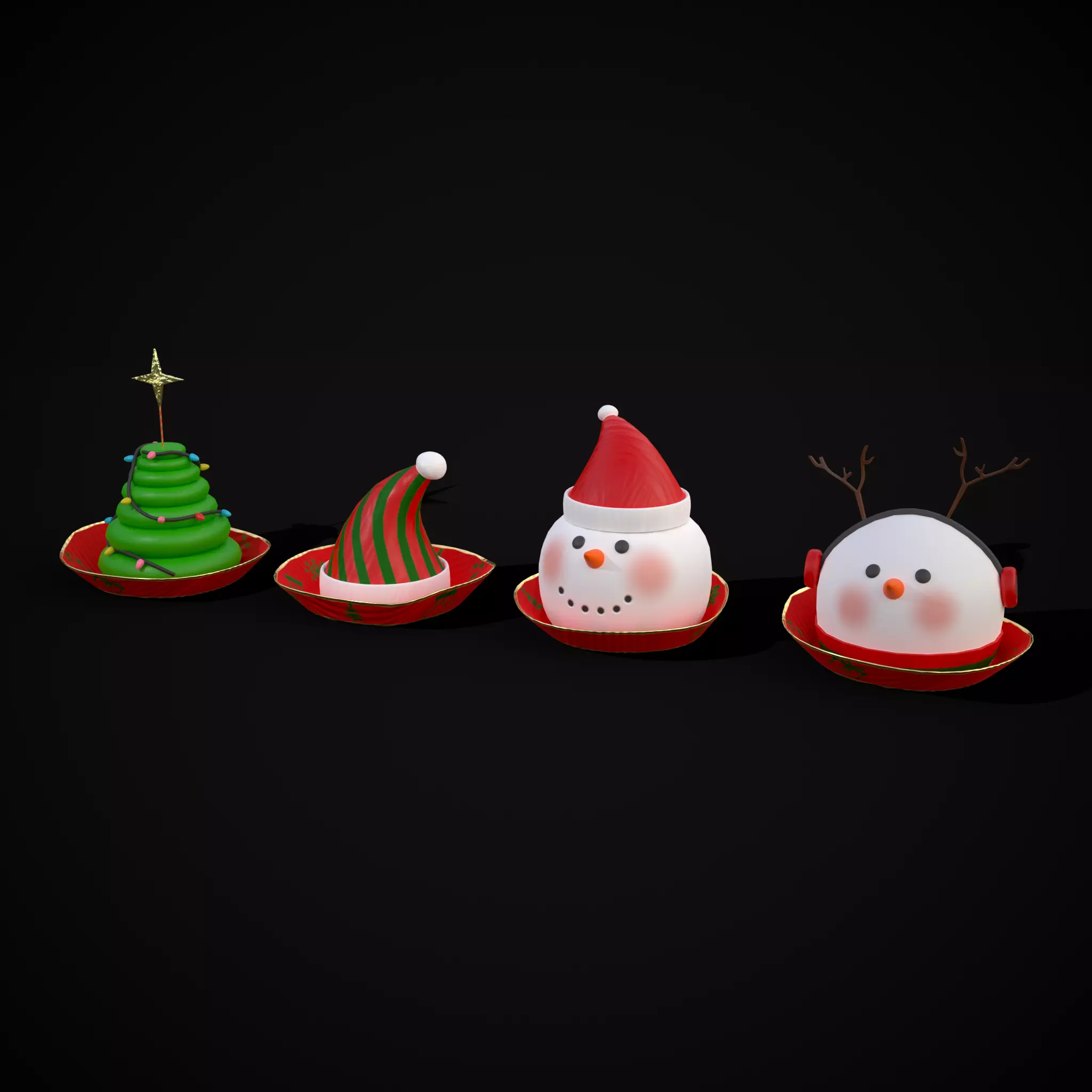 Four Mini Fondant Christmas Cakes Low-poly 3D model_0