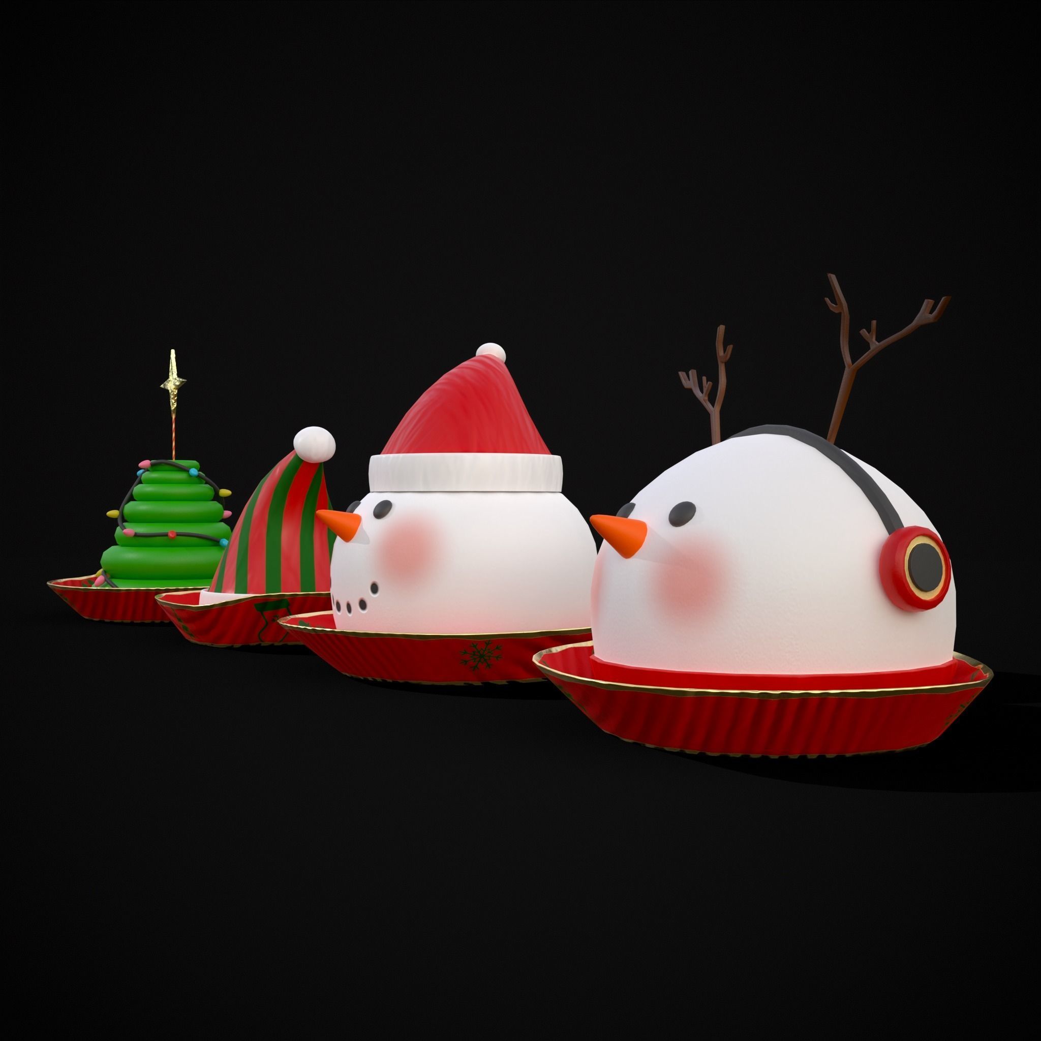 Four Mini Fondant Christmas Cakes Low-poly 3D model_5
