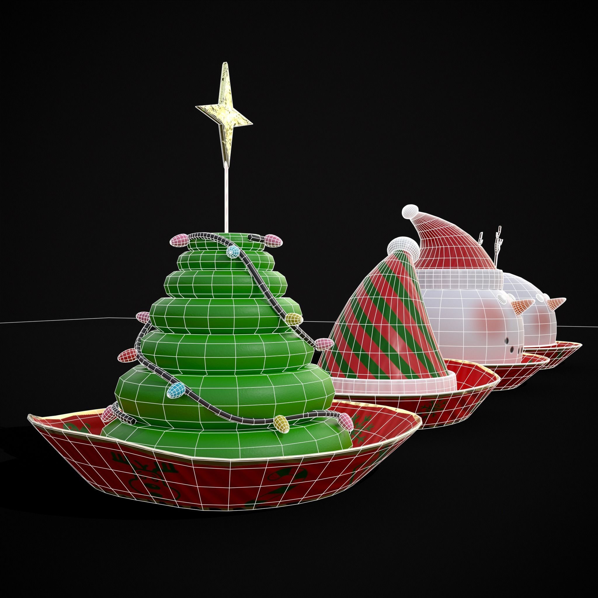 Four Mini Fondant Christmas Cakes Low-poly 3D model_4