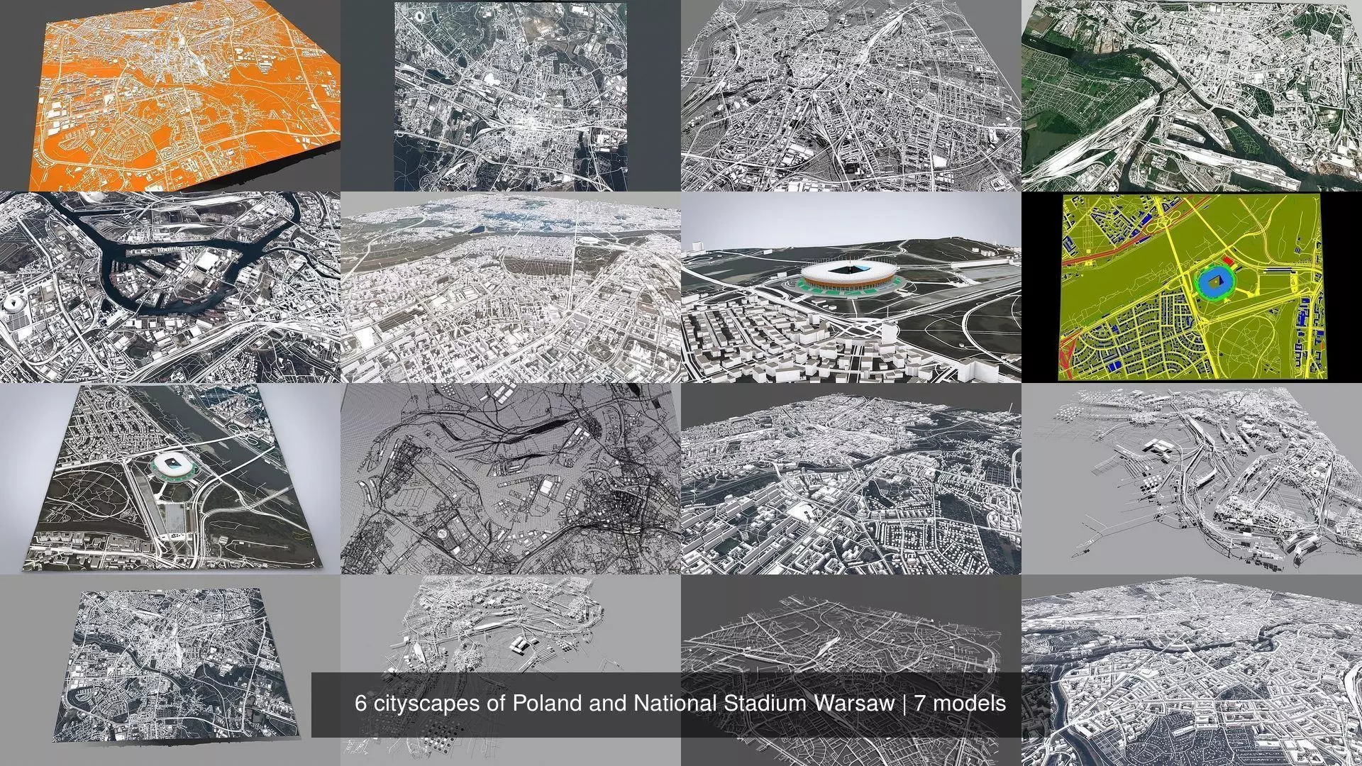 6 cityscapes of Poland and National Stadium Warsaw 3D Model Collection_0