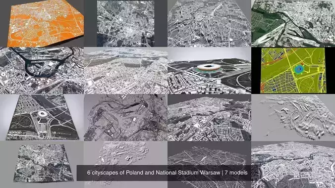 6 cityscapes of Poland and National Stadium Warsaw 3D Model Collection