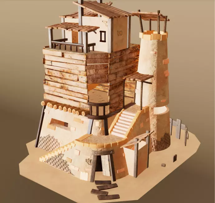 A Stylised House set in an Environment of Desert 3D model_0