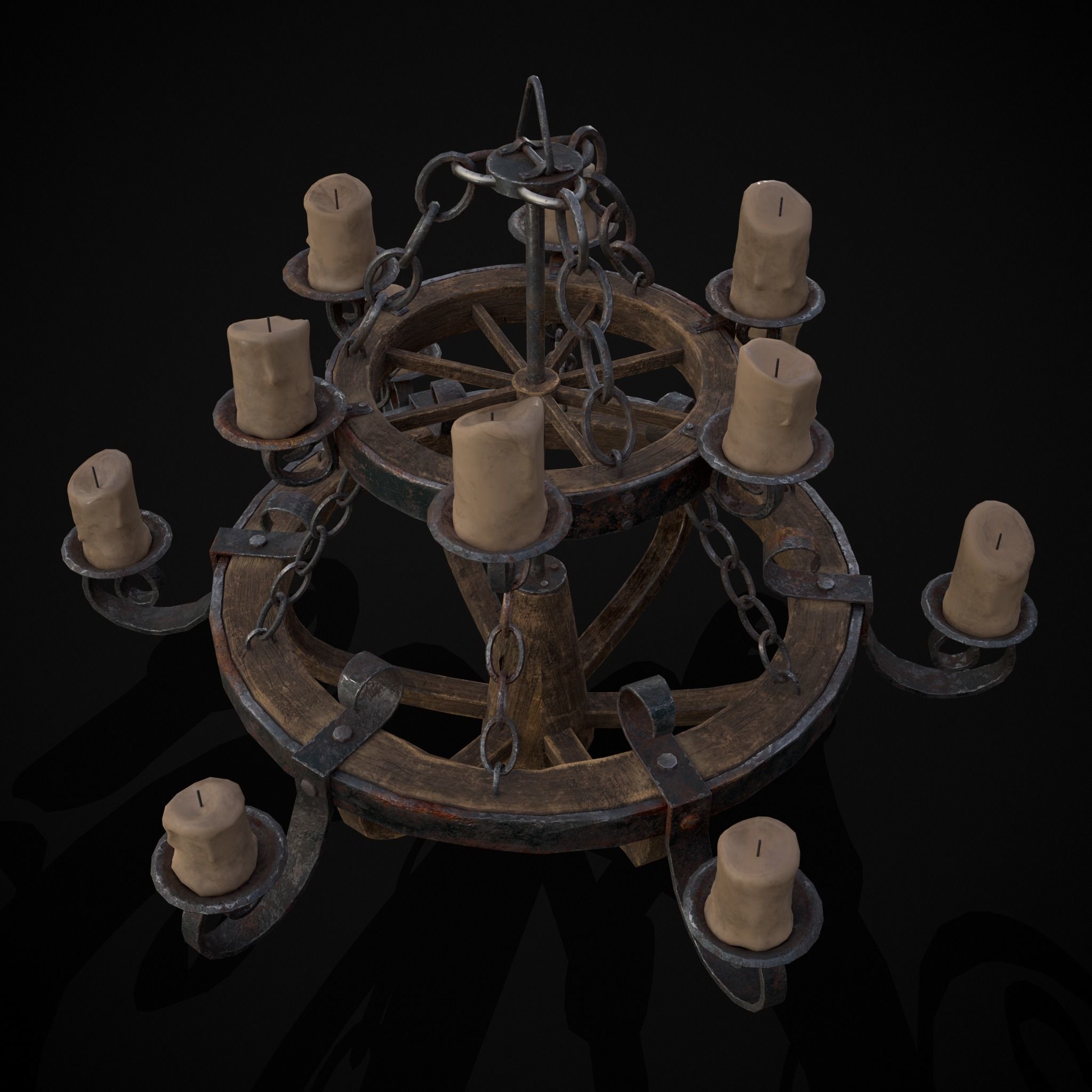 Rustic Medieval Wooden Candle Chandelier Low-poly 3D model_27