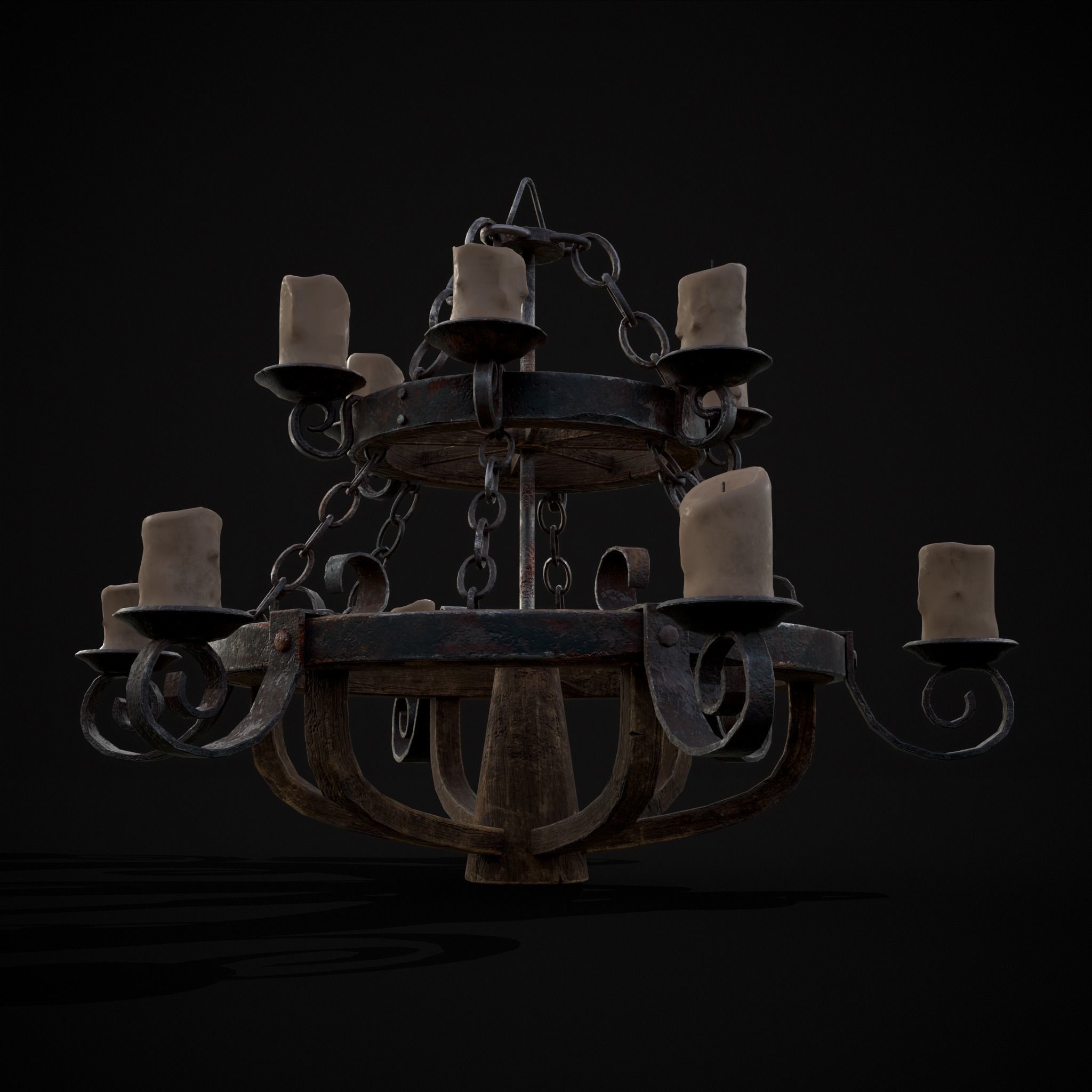 Rustic Medieval Wooden Candle Chandelier Low-poly 3D model_29
