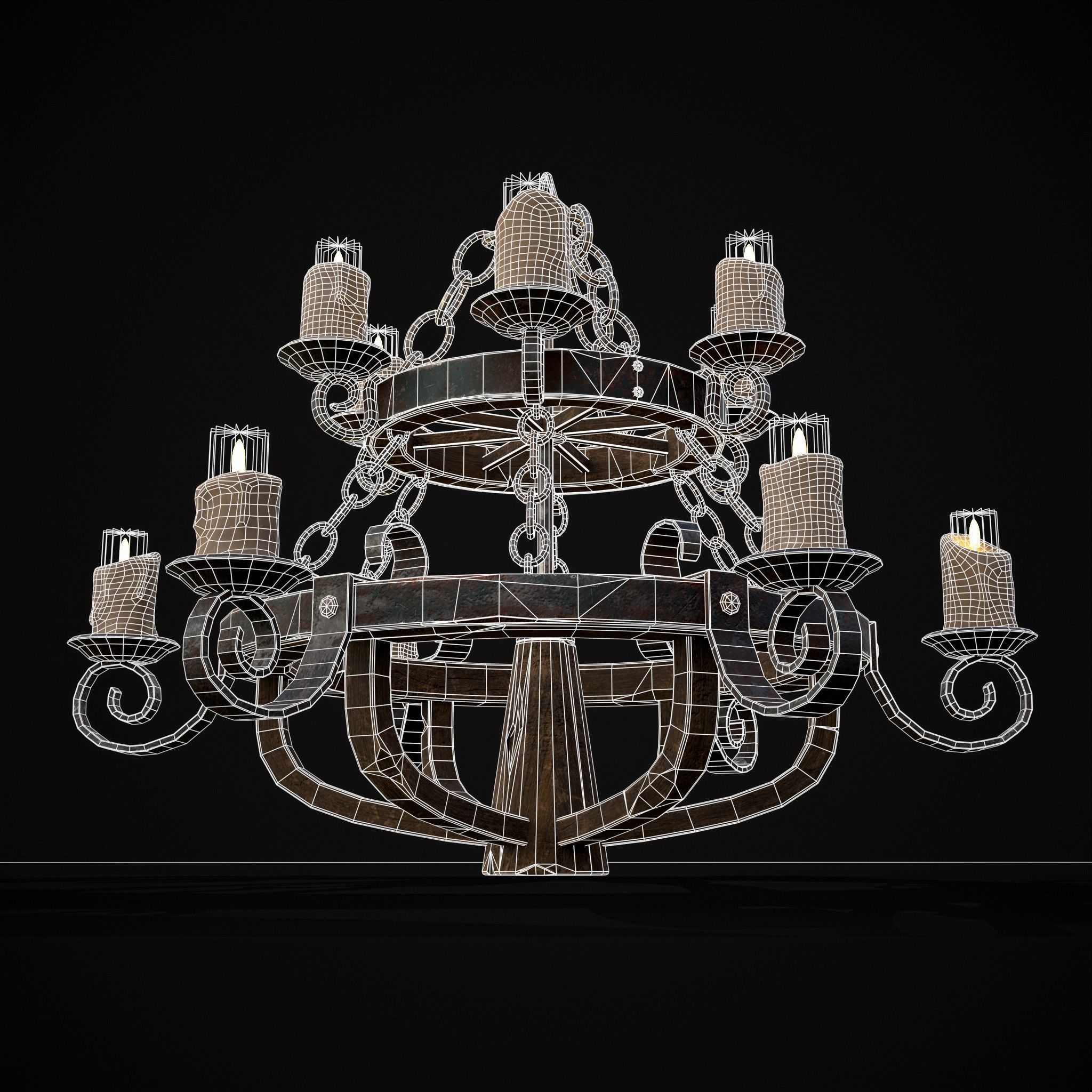 Rustic Medieval Wooden Candle Chandelier Low-poly 3D model_6