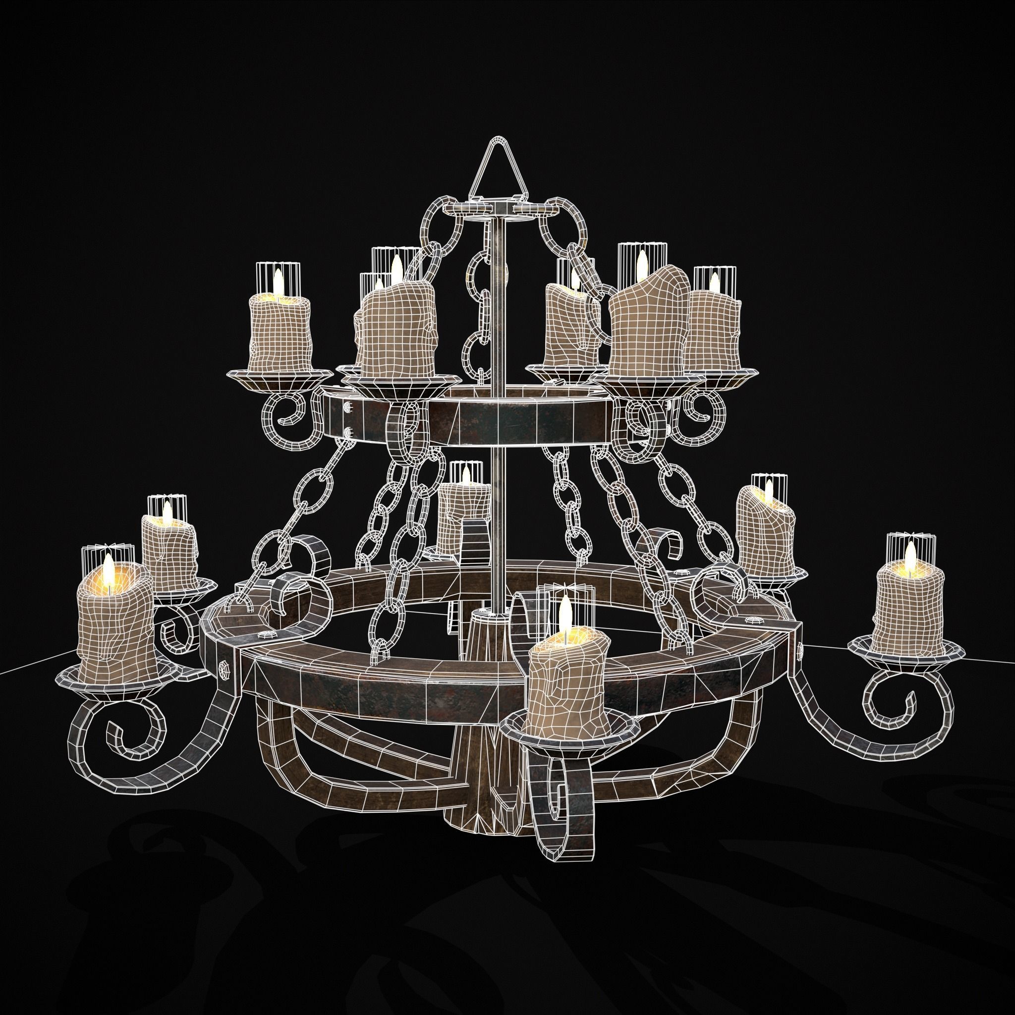 Rustic Medieval Wooden Candle Chandelier Low-poly 3D model_2