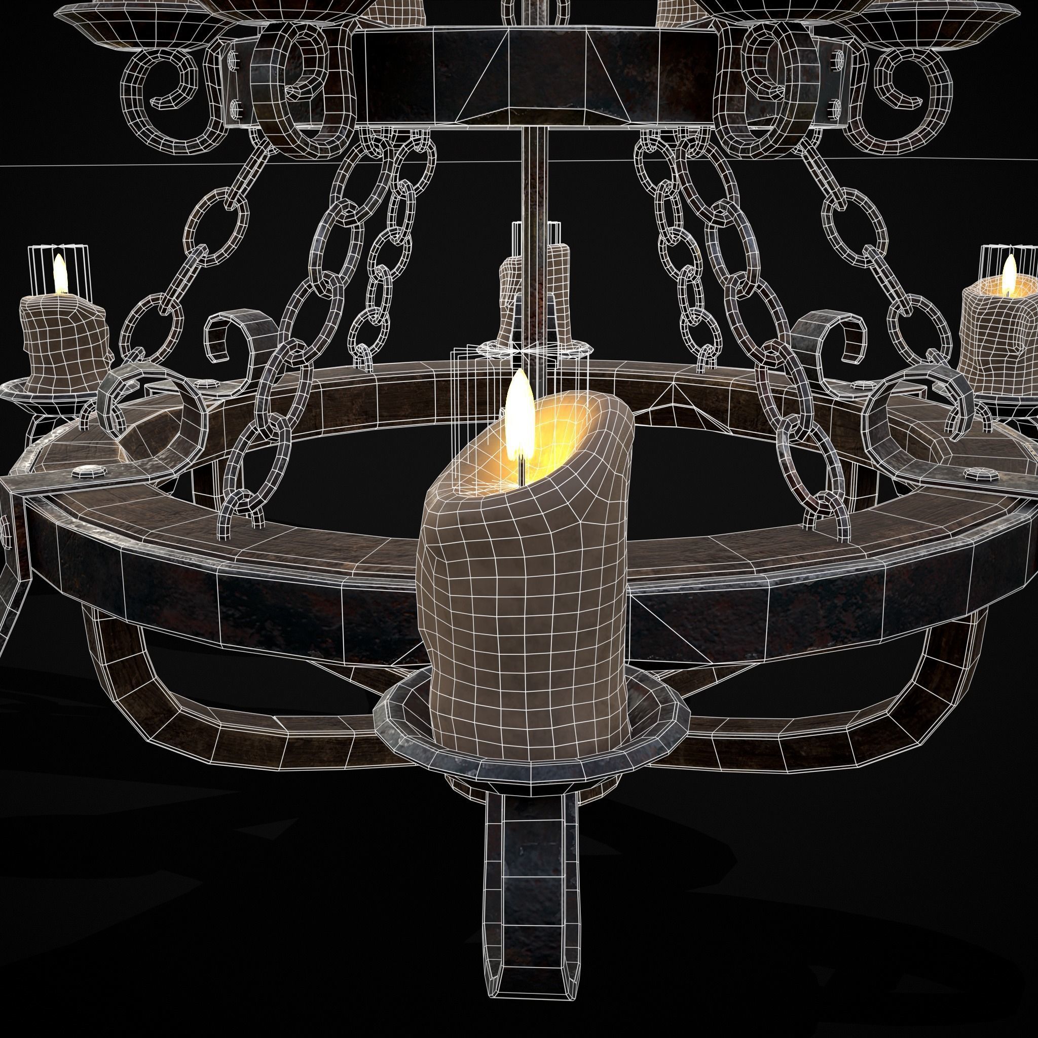 Rustic Medieval Wooden Candle Chandelier Low-poly 3D model_10