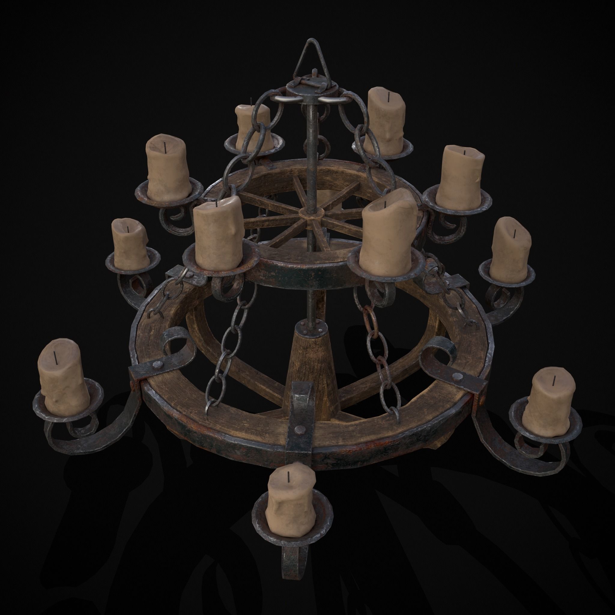 Rustic Medieval Wooden Candle Chandelier Low-poly 3D model_23