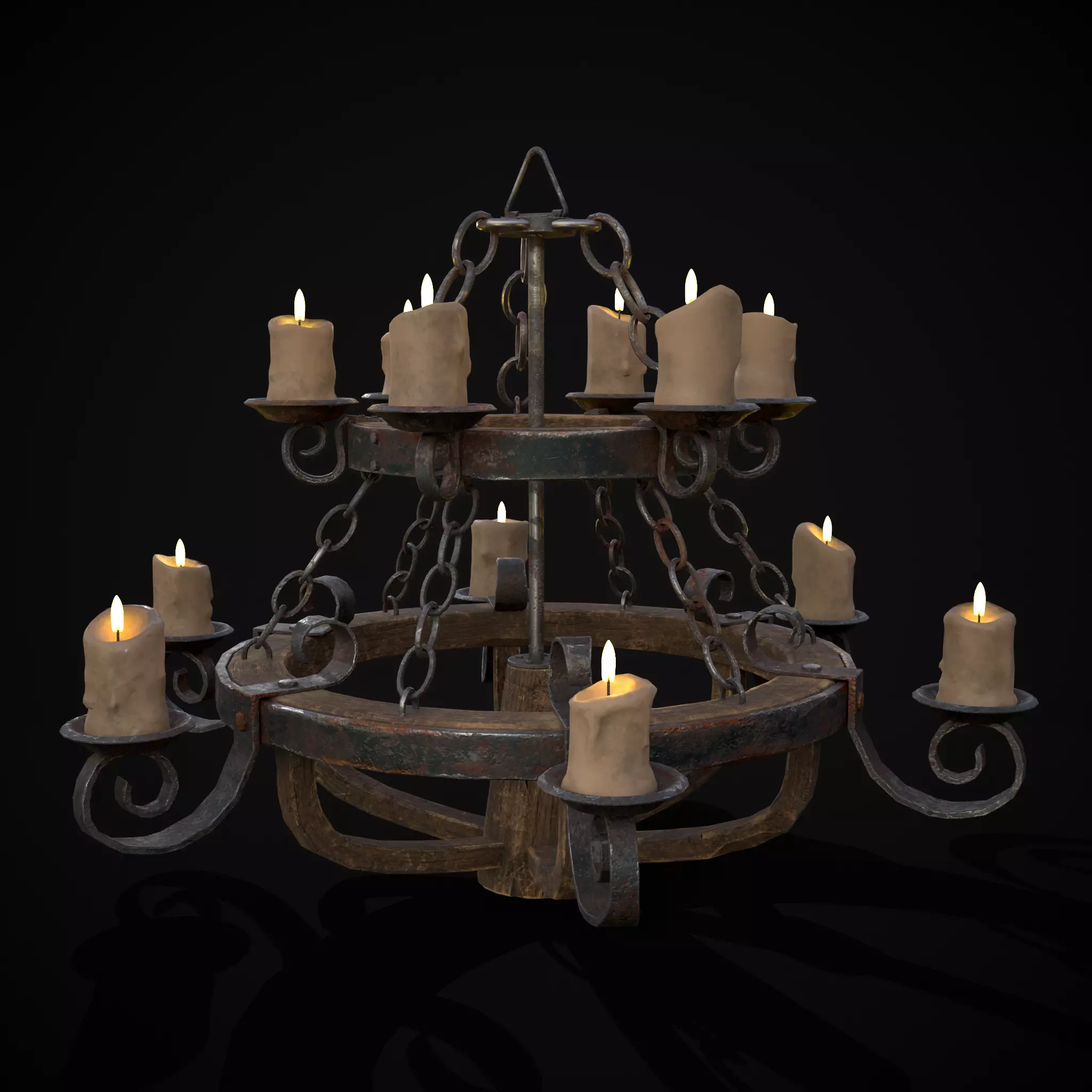 Rustic Medieval Wooden Candle Chandelier Low-poly 3D model_0