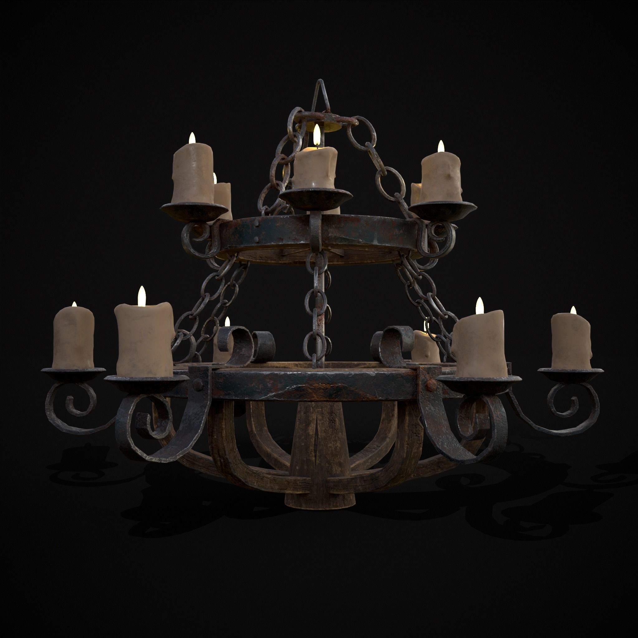 Rustic Medieval Wooden Candle Chandelier Low-poly 3D model_19