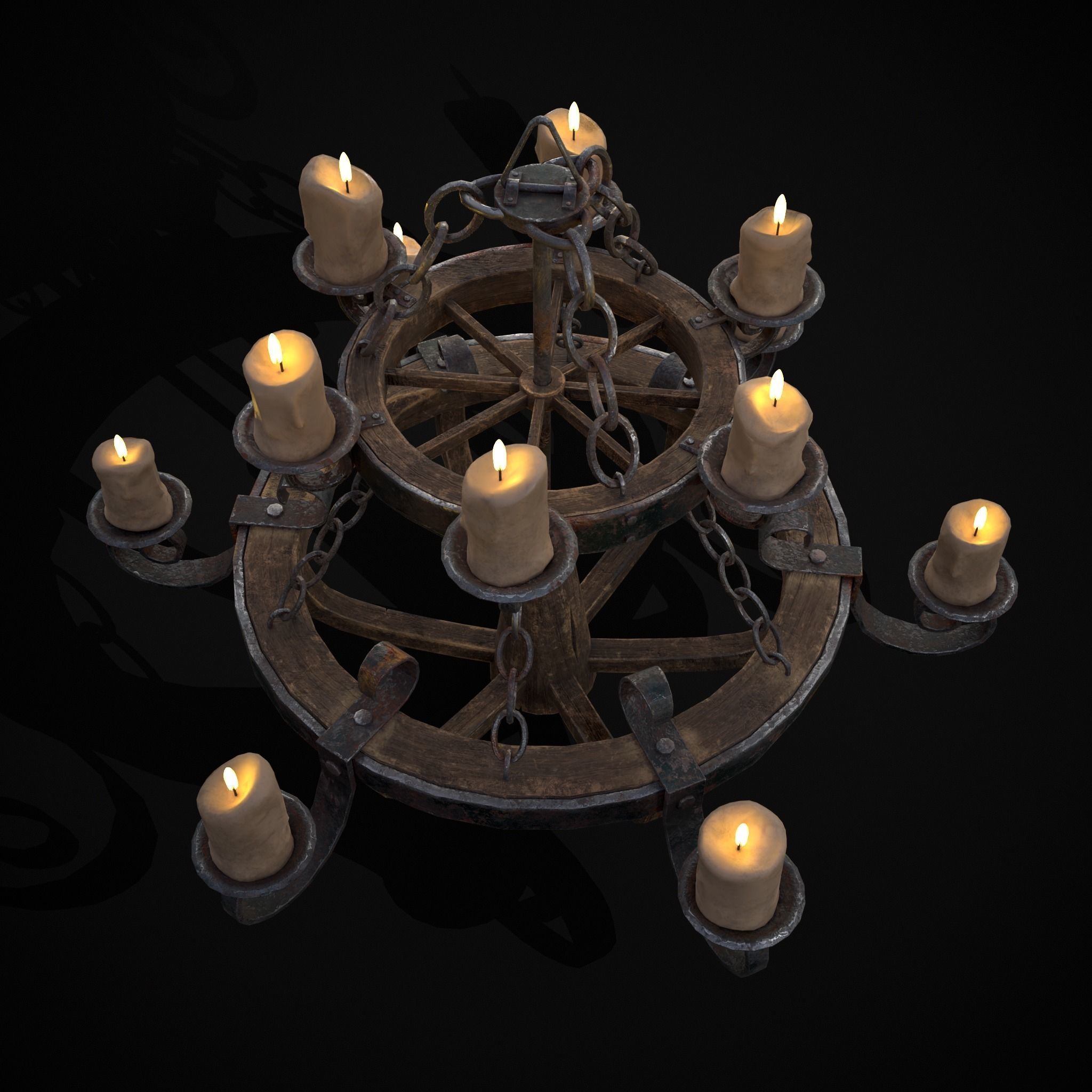 Rustic Medieval Wooden Candle Chandelier Low-poly 3D model_17