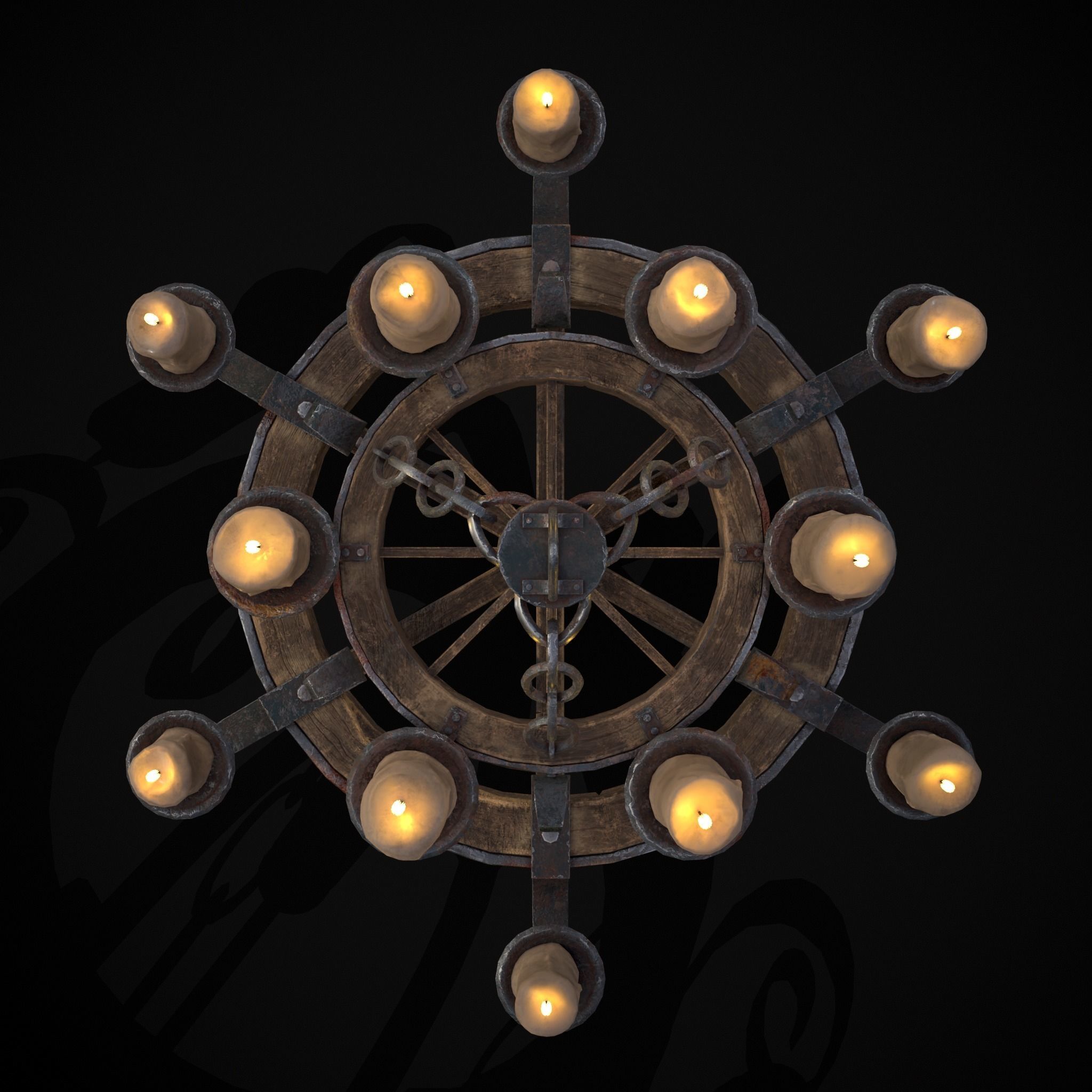 Rustic Medieval Wooden Candle Chandelier Low-poly 3D model_7