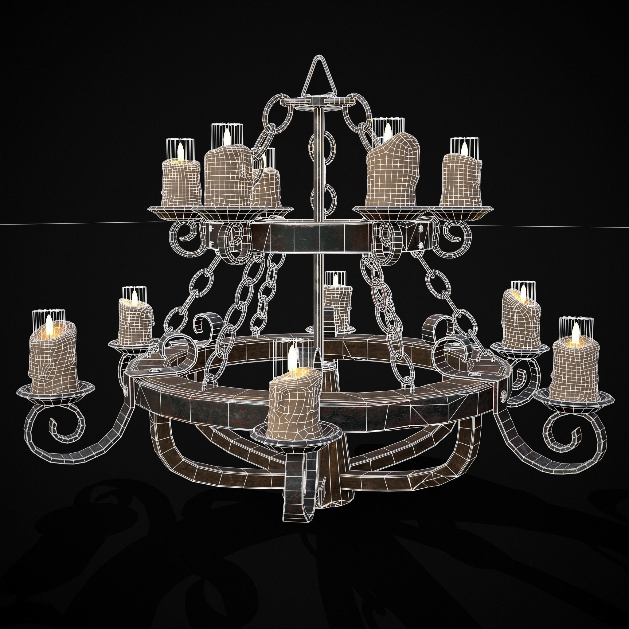 Rustic Medieval Wooden Candle Chandelier Low-poly 3D model_22