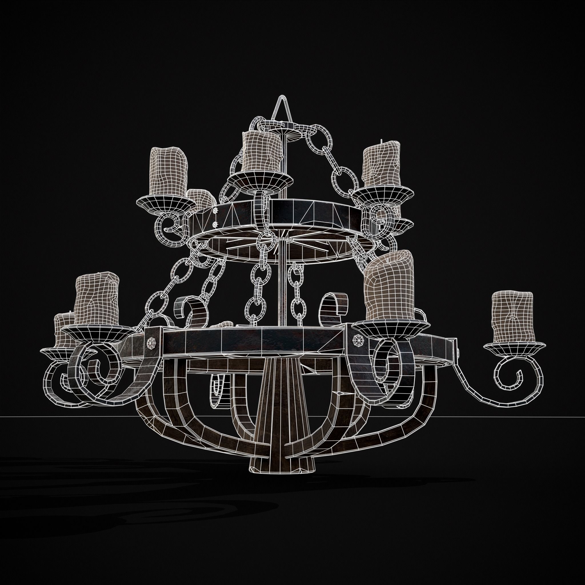 Rustic Medieval Wooden Candle Chandelier Low-poly 3D model_30