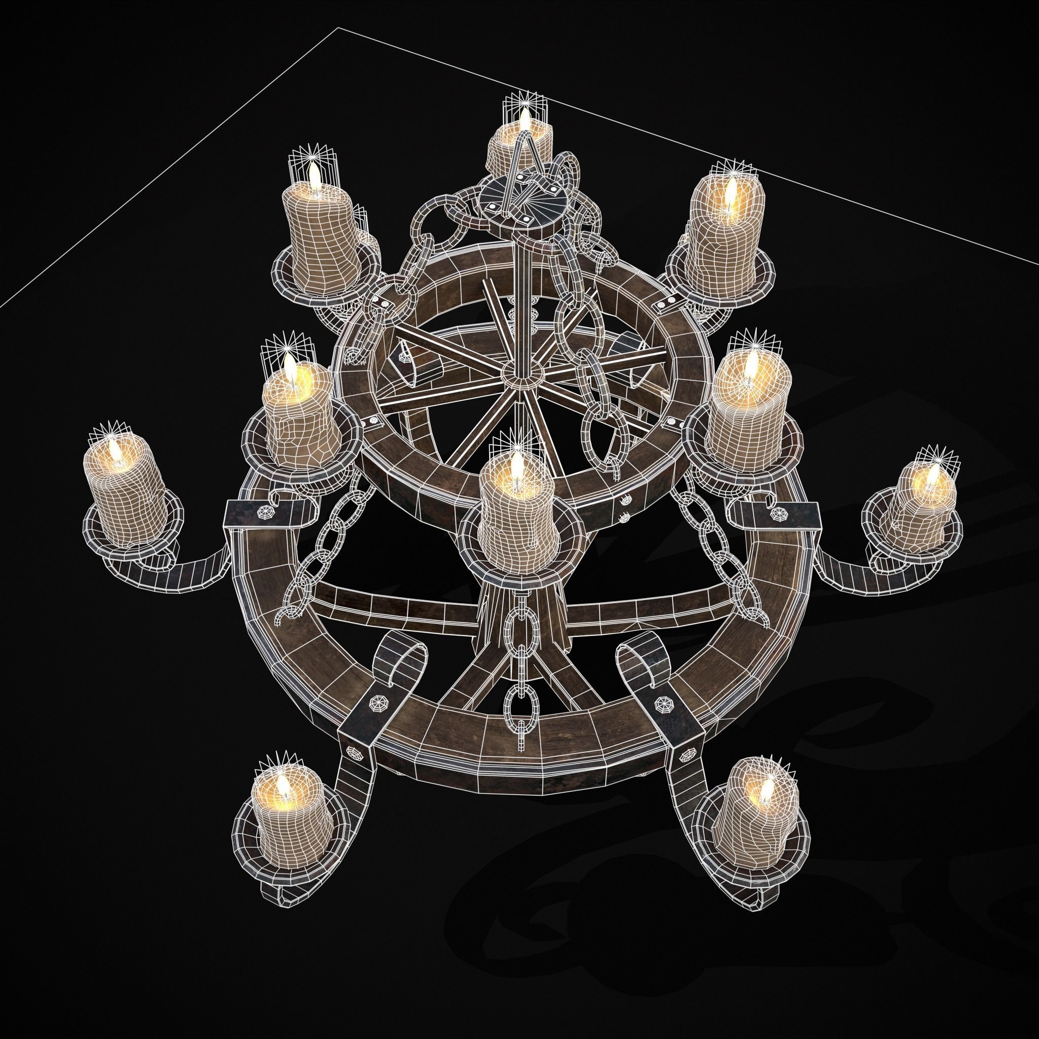 Rustic Medieval Wooden Candle Chandelier Low-poly 3D model_4