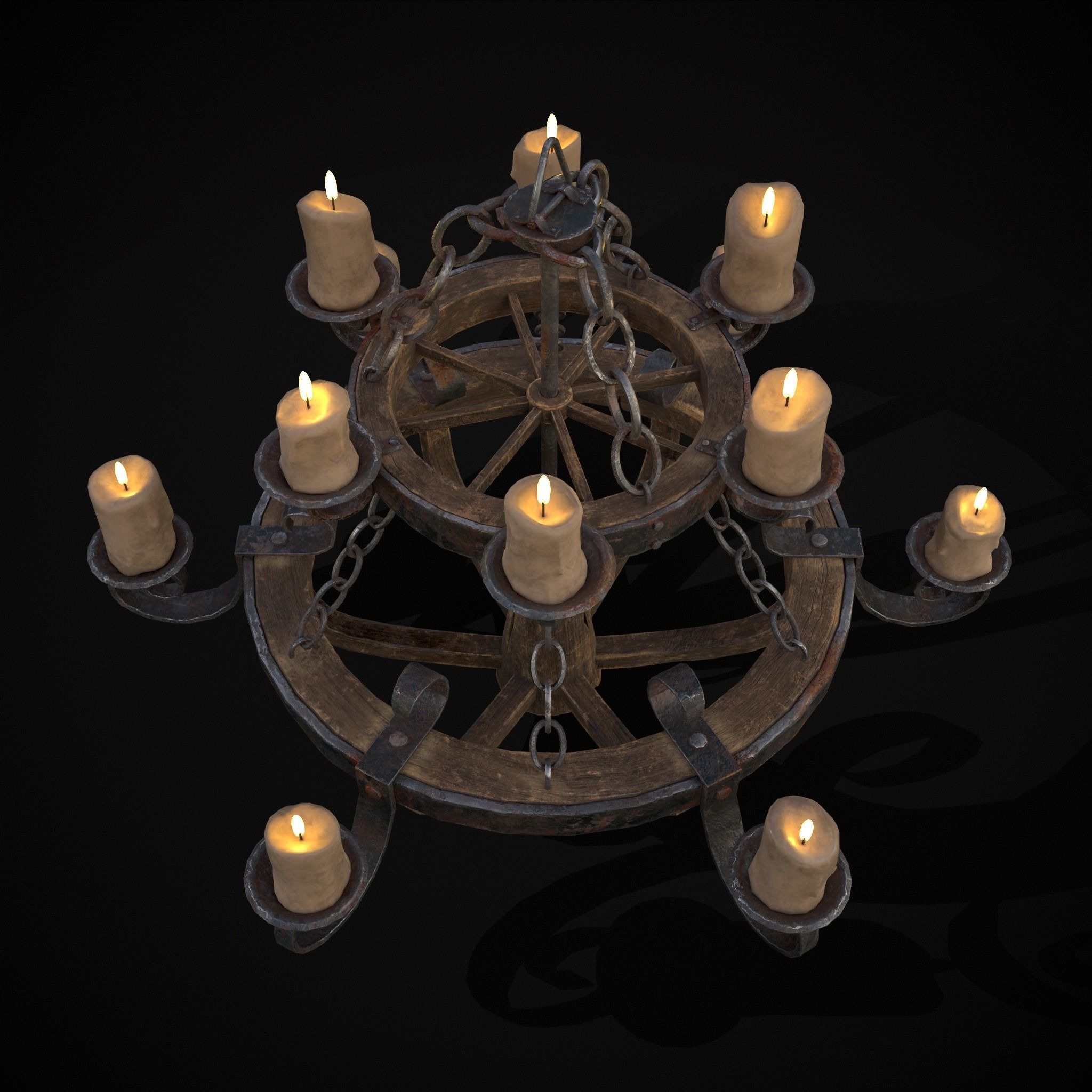 Rustic Medieval Wooden Candle Chandelier Low-poly 3D model_3