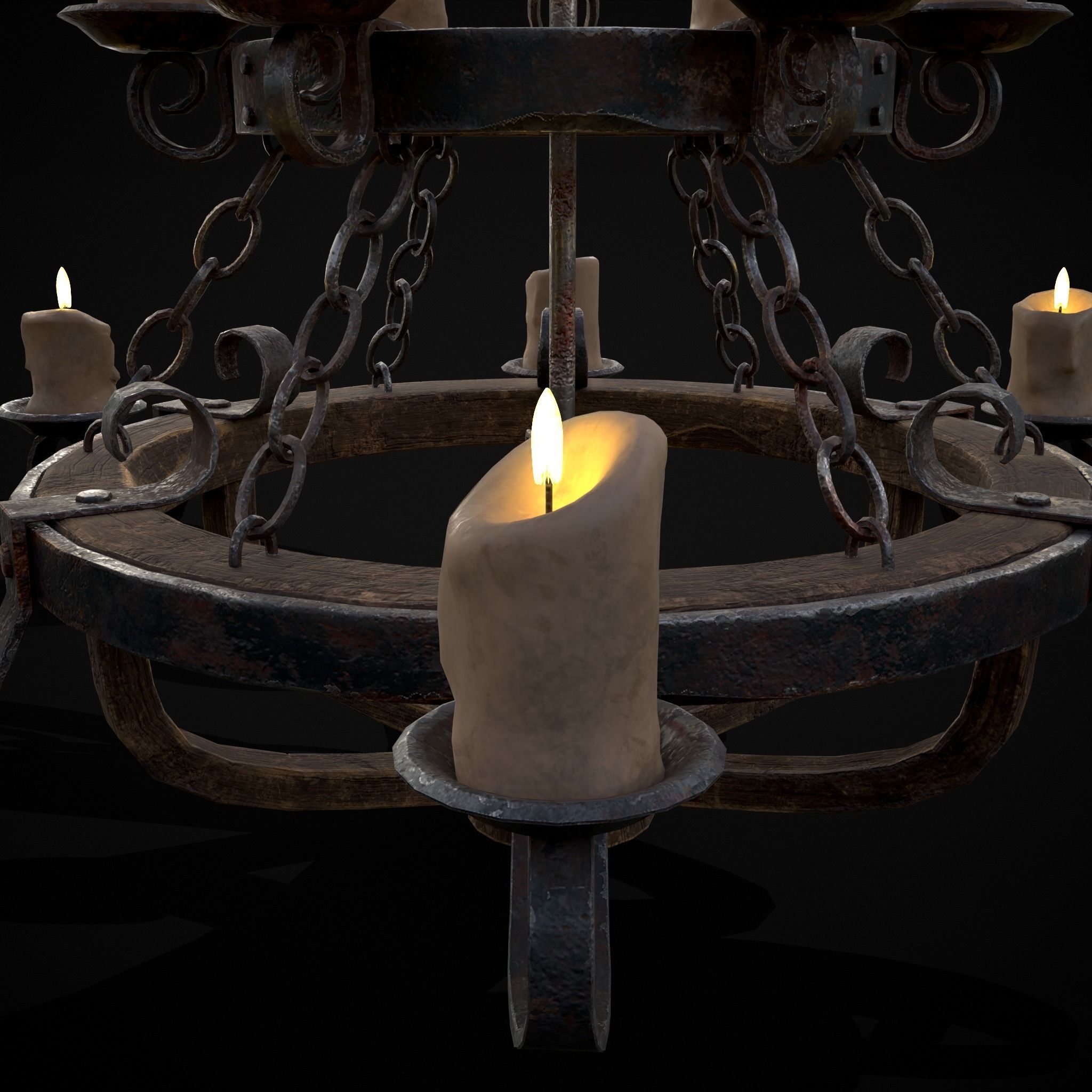 Rustic Medieval Wooden Candle Chandelier Low-poly 3D model_9