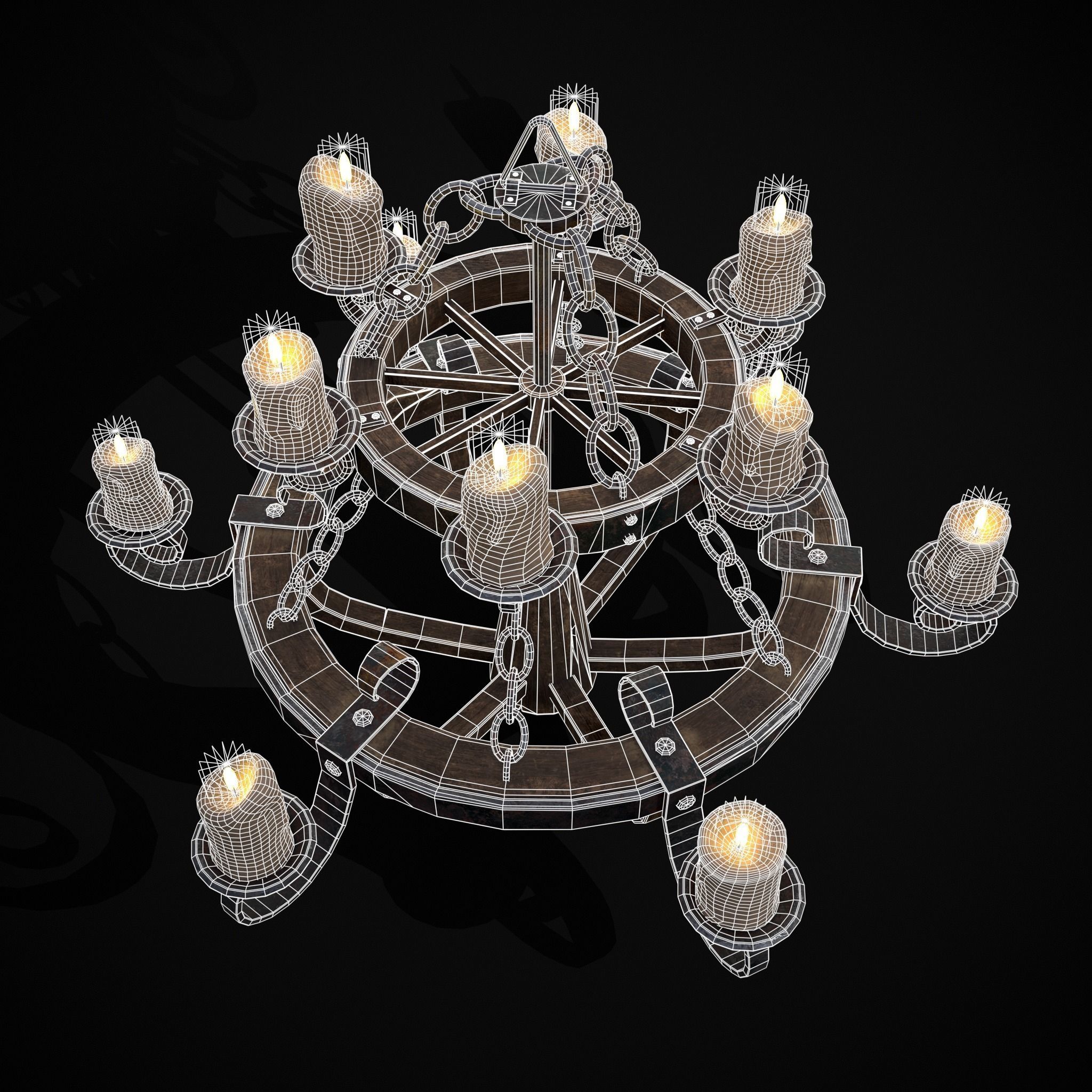 Rustic Medieval Wooden Candle Chandelier Low-poly 3D model_18