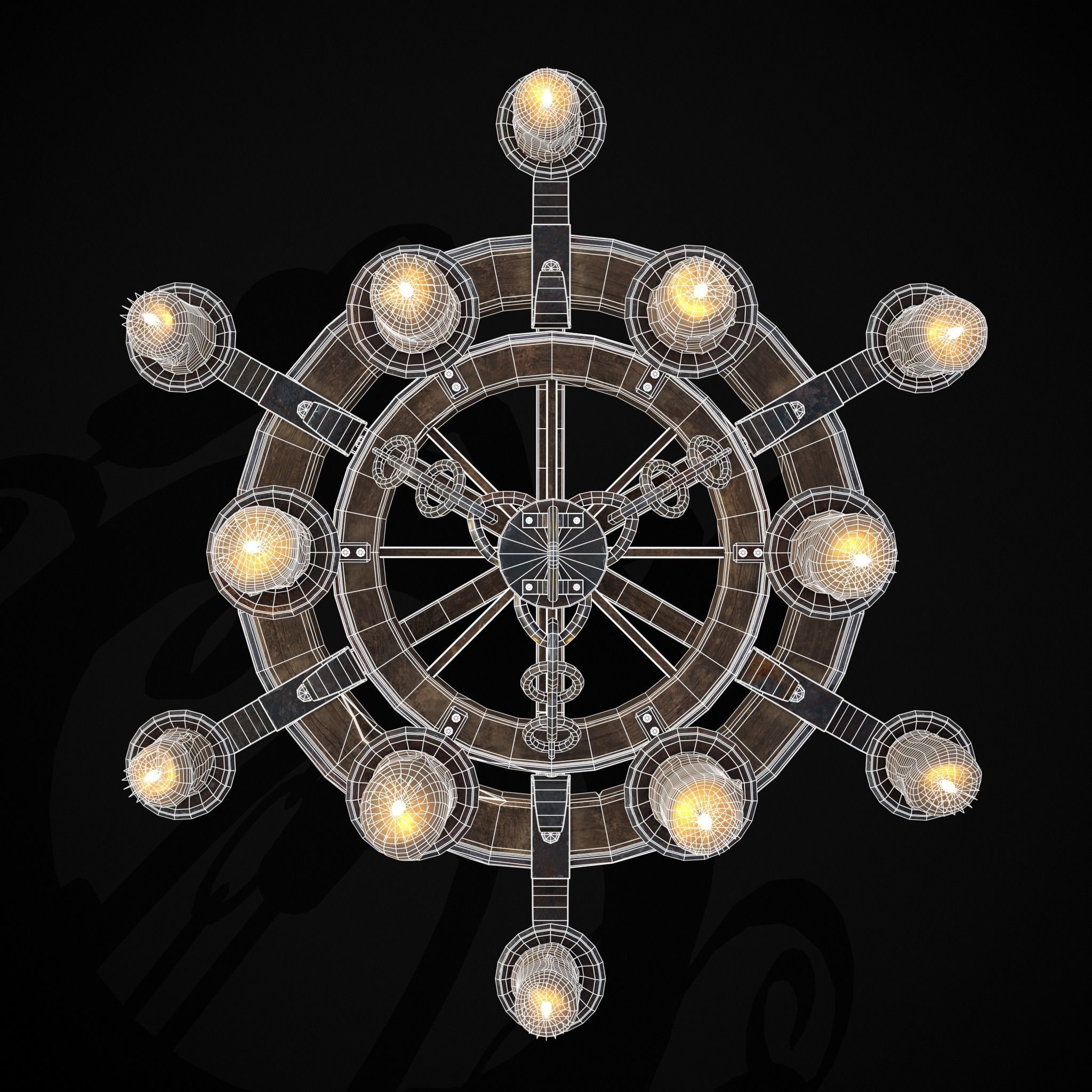 Rustic Medieval Wooden Candle Chandelier Low-poly 3D model_8