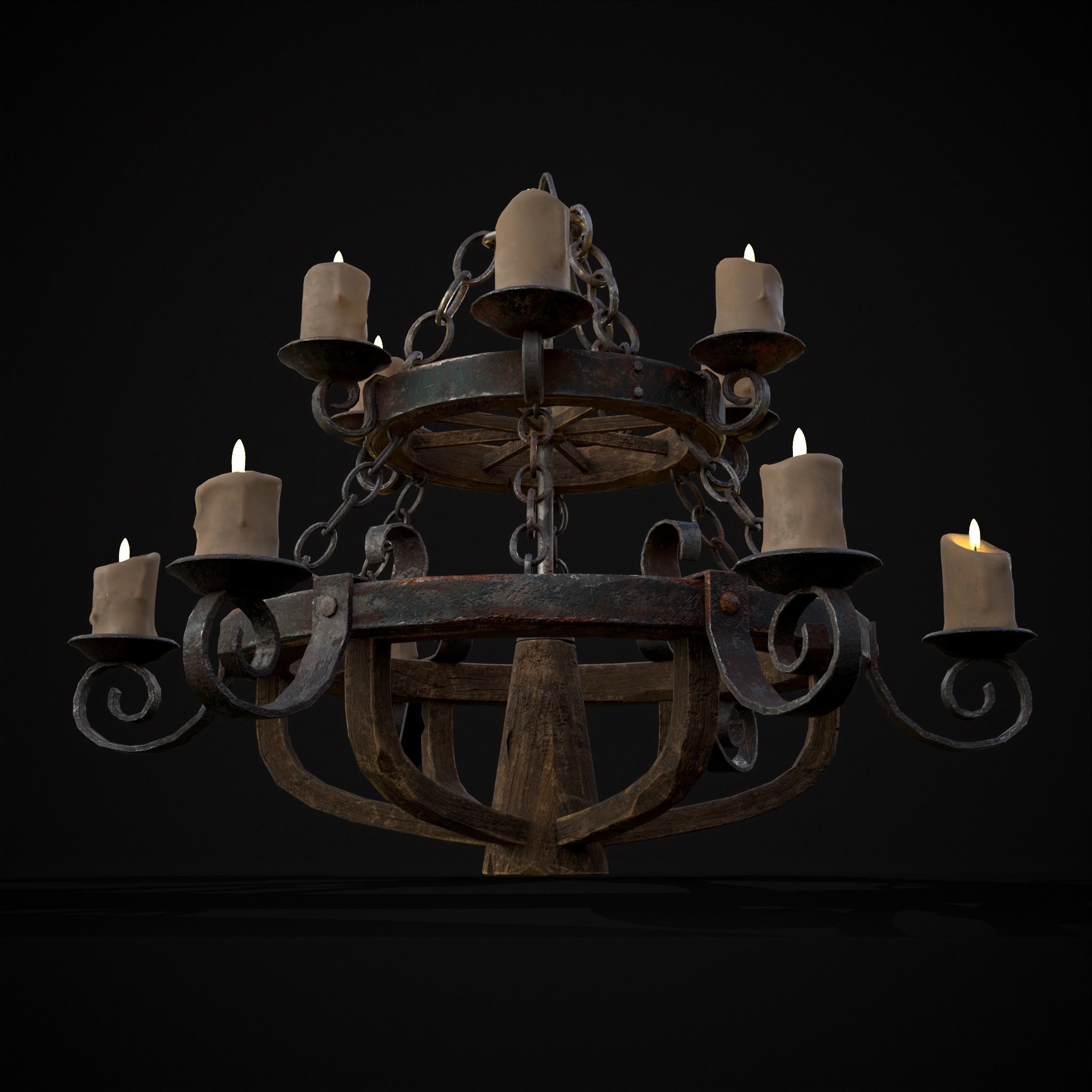 Rustic Medieval Wooden Candle Chandelier Low-poly 3D model_5