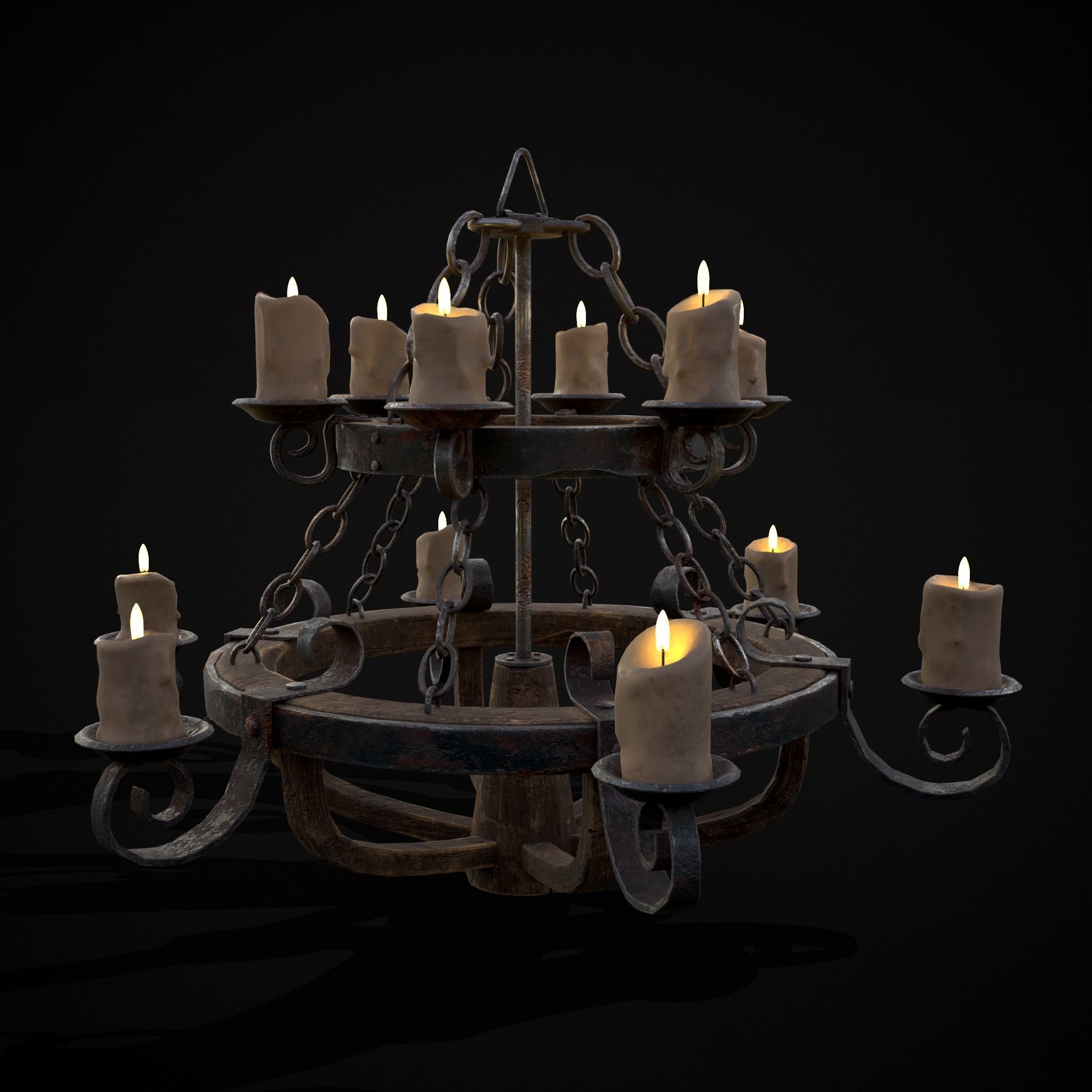 Rustic Medieval Wooden Candle Chandelier Low-poly 3D model_15